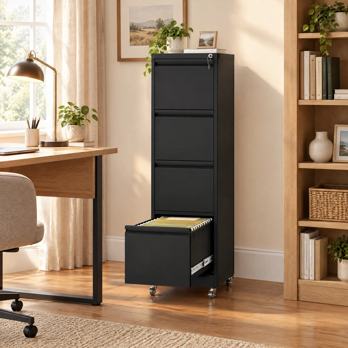 VIYET 4-Drawer Rolling Metal File Cabinet with Lock, Vertical Filing Cabinet on Wheels for Home Office, Fits Letter & Legal Files
