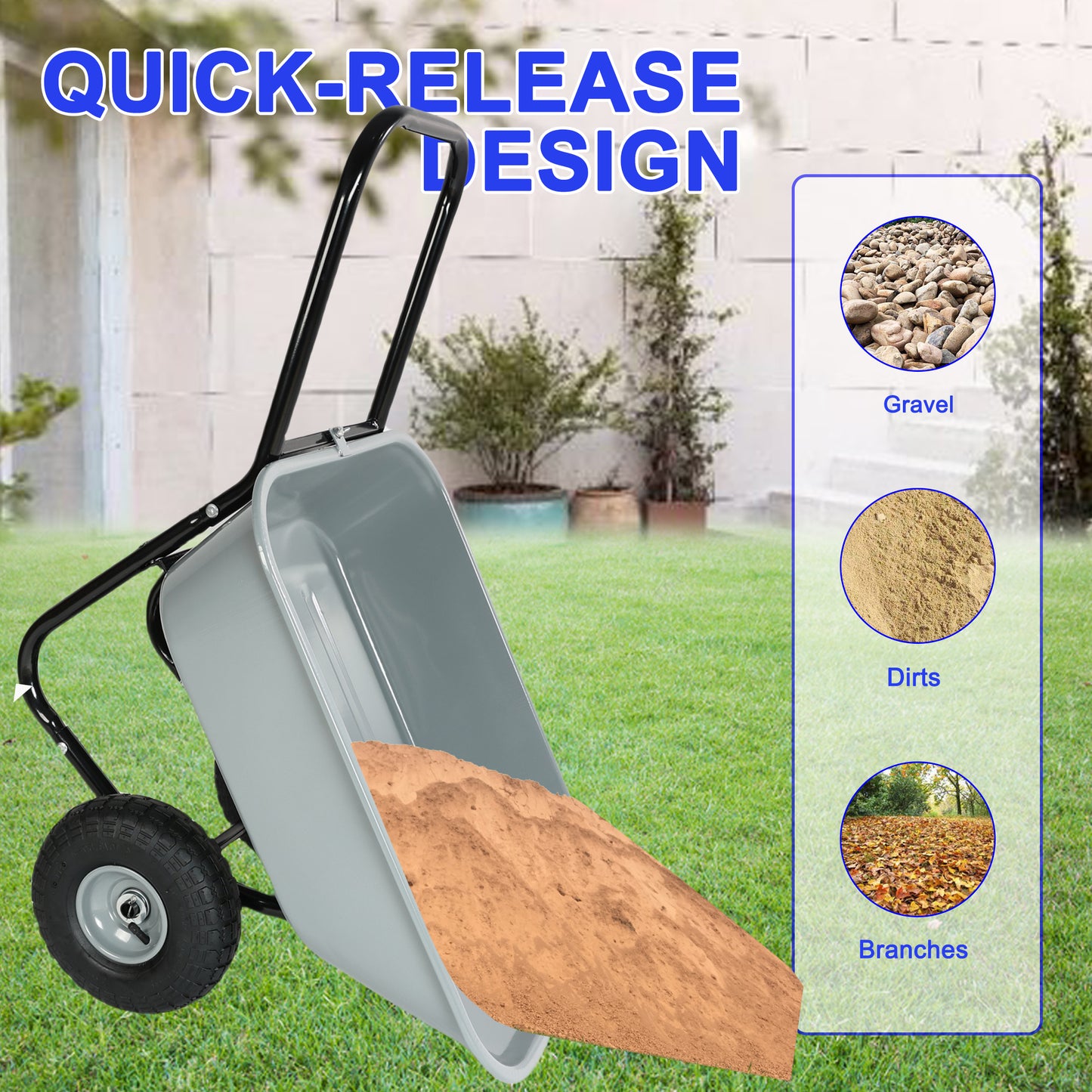 VIYET Two-Wheeled Garden Cart, 35L Large Capacity Utility Cart with 10-Inch Pneumatic Tires, Leak-Proof Design for Garden, Warehouse, Outdoor, Gray