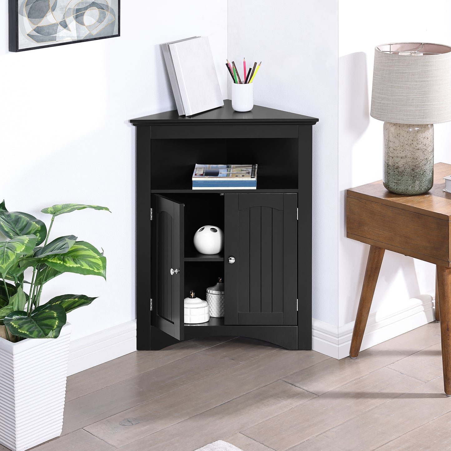 VIYET 32" Multifunctional Corner Cabinet - Black MDF, Freestanding, Doors & Adjustable Shelves