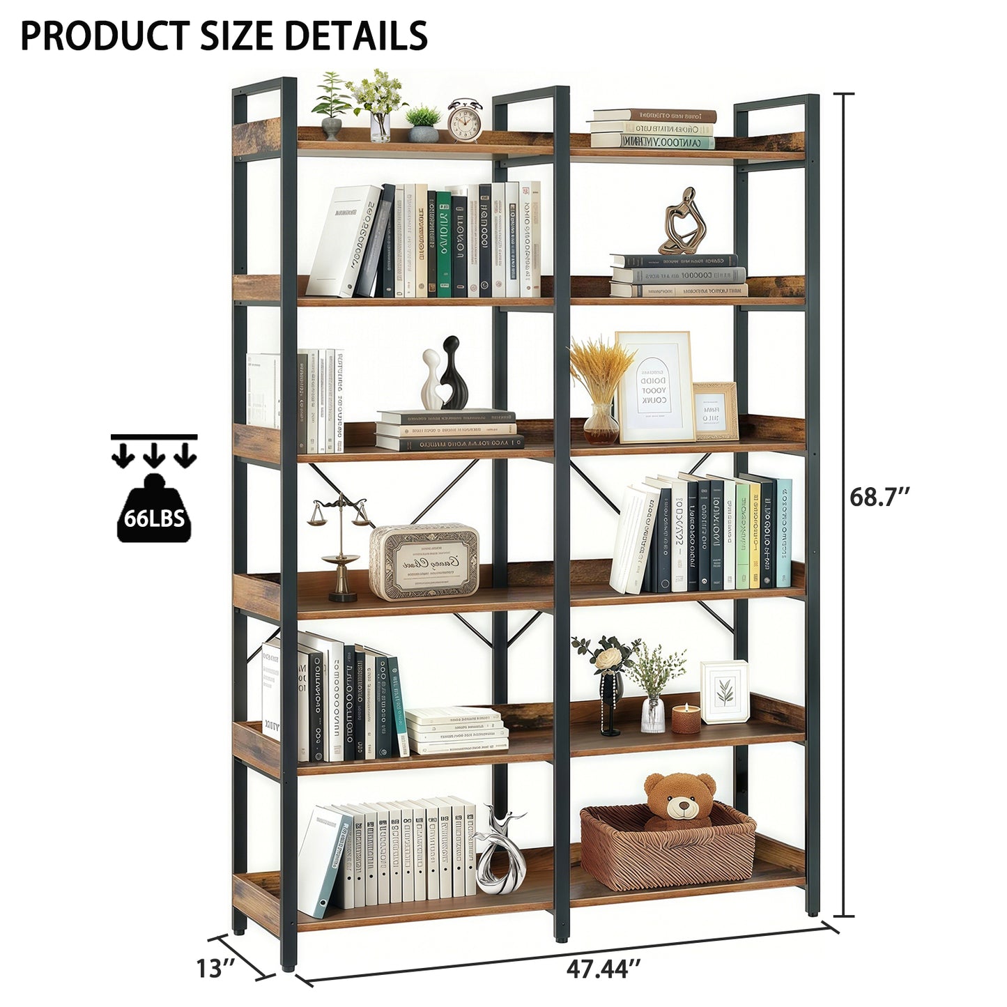 VIYET 69" 6-Tier Industrial Bookshelf, Brown MDF+Metal Frame Open Shelf Bookcase (Freestanding Storage & Display for Home/Office)