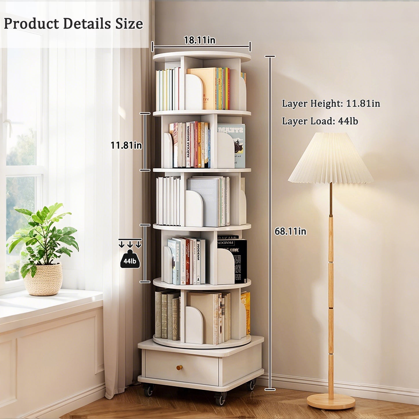 VIYET 68" 6-Tier 360° Rotating Bookshelf, WhiteColor MDF Tower w/ Wheels& Drawer (Space-Saving Storage for Home/Office)