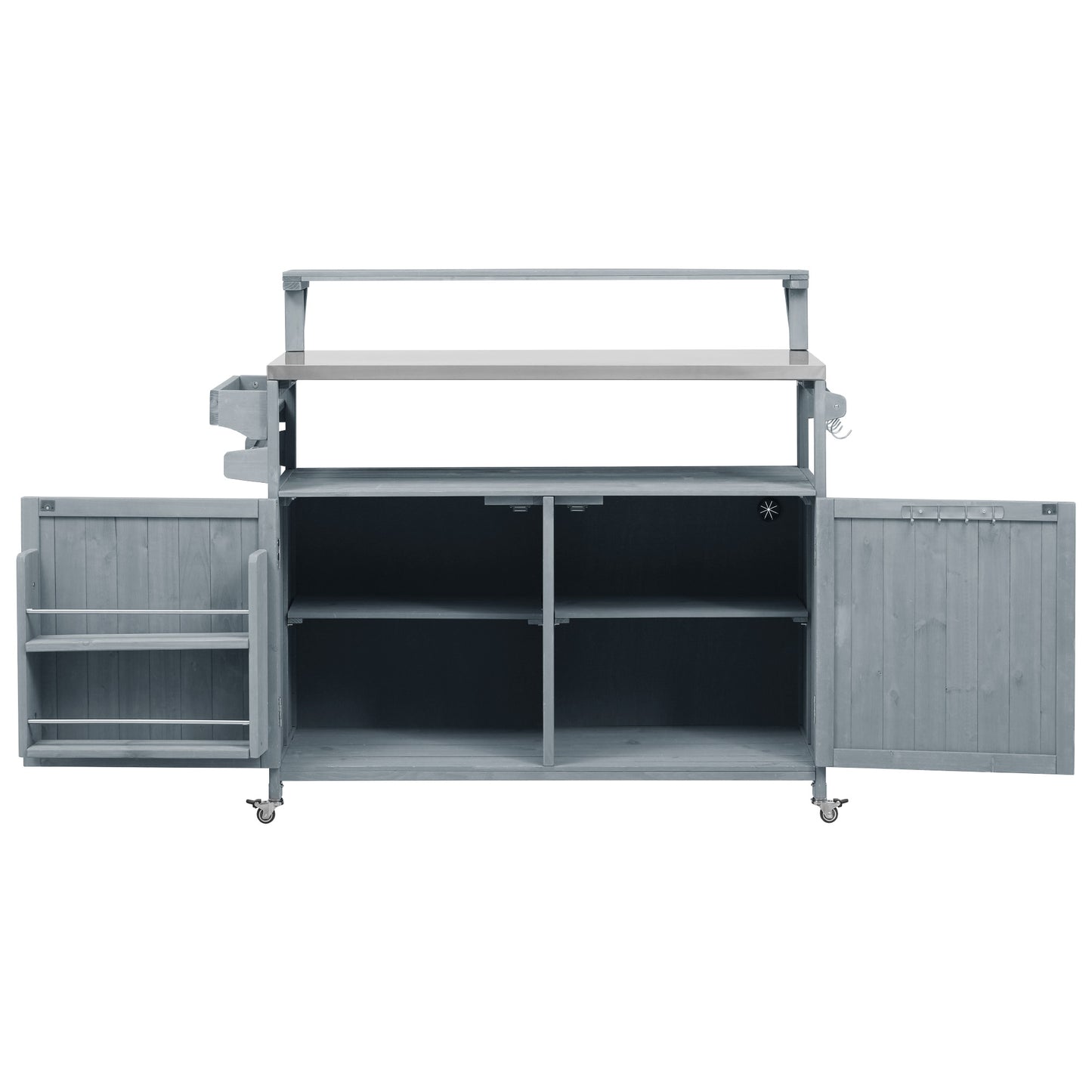 VIYET 43" K&K Outdoor Kitchen Island, Grey-Blue Solid Wood Grill Cart w/ Stainless Steel Top (Raised Shelf+Adjustable Storage Rack)
