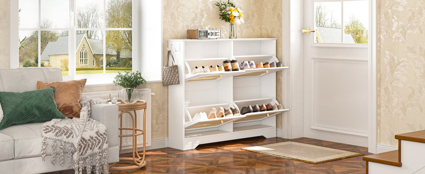 VIYET 35" Mid-Century Narrow Shoe Cabinet, MDF Organizer w/ 4 Rattan Flip Drawers &2 Silver Hooks,Black+white