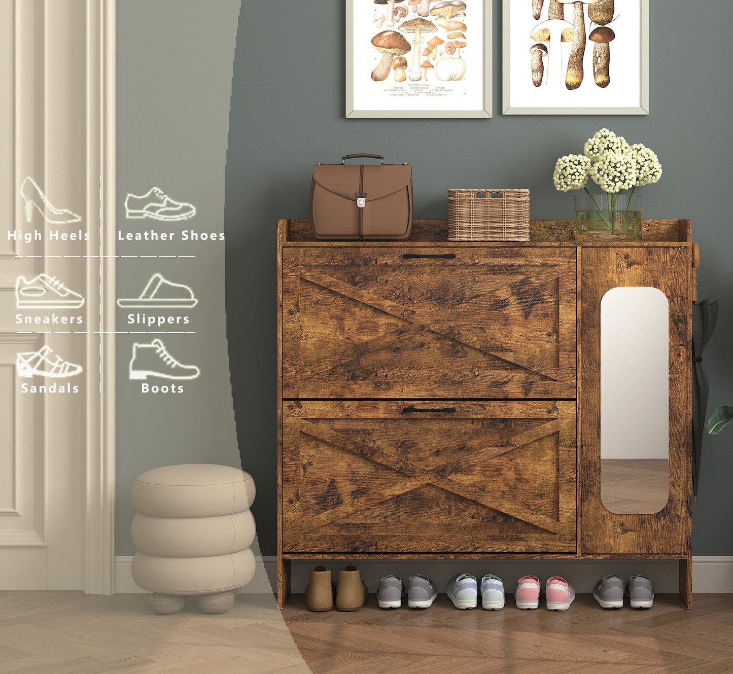 VIYET 41" Rustic Brown Freestanding Shoe Cabinet - MDF, 2 Flip Drawers & Mirror Doors, Narrow Entryway Storage, Customizable