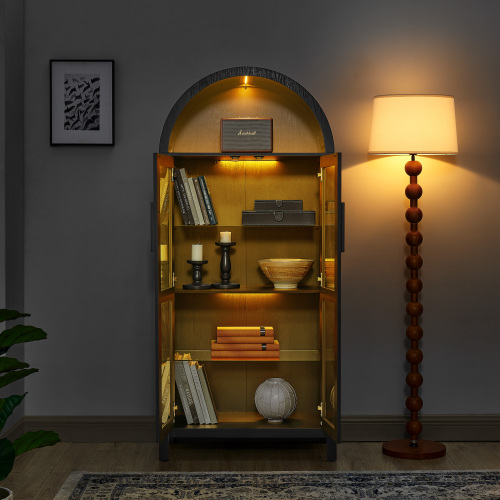 VIYET 67" Arched Storage Cabinet - LED Lamp, black MDF, Adjustable Glass Partitions