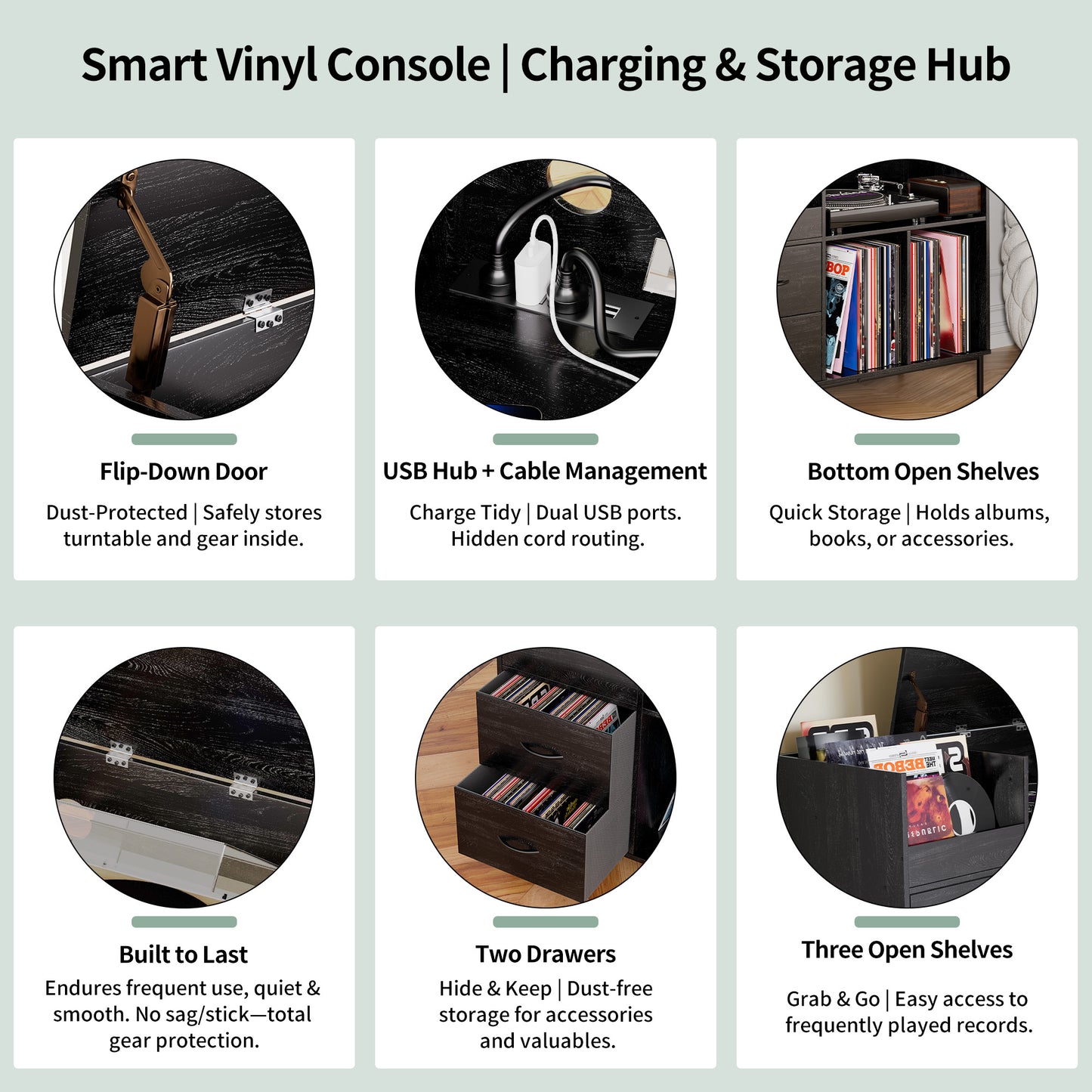 VIYET 35" Eco-Friendly Record Player Stand with Flip-Top, Black MDF+Metal Media Console w/ 2-Outlet Power Strip & Dustproof Storage