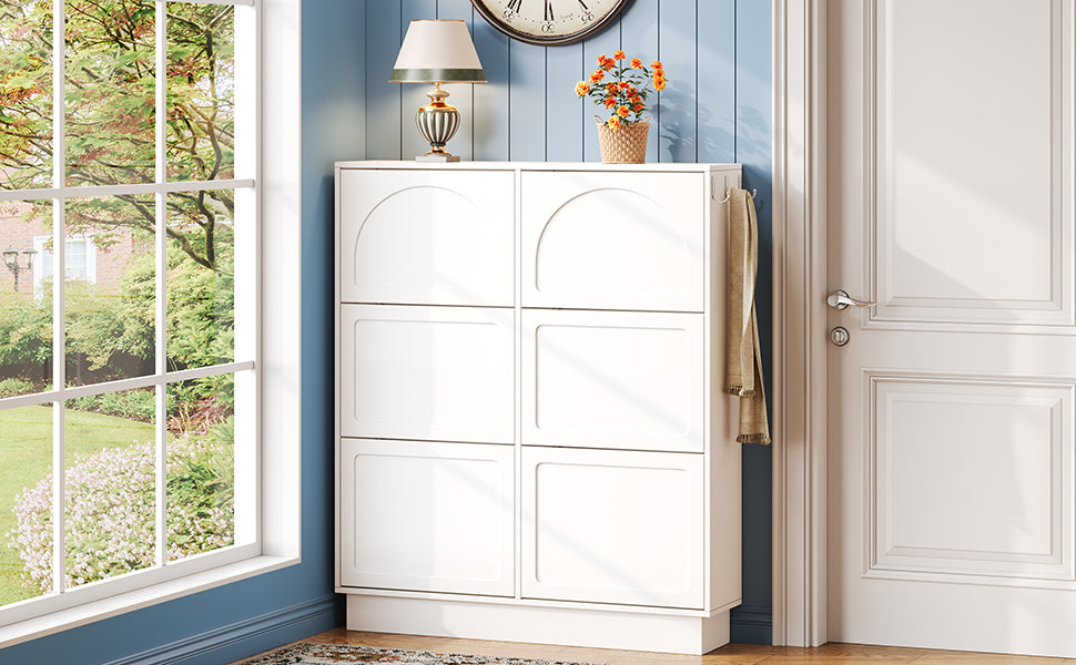 VIYET 49" Cream-Style Narrow Shoe Cabinet, White MDF Organizer w/ 6 Flip Drawers & 3 Silver Hooks (Adjustable Shelves)