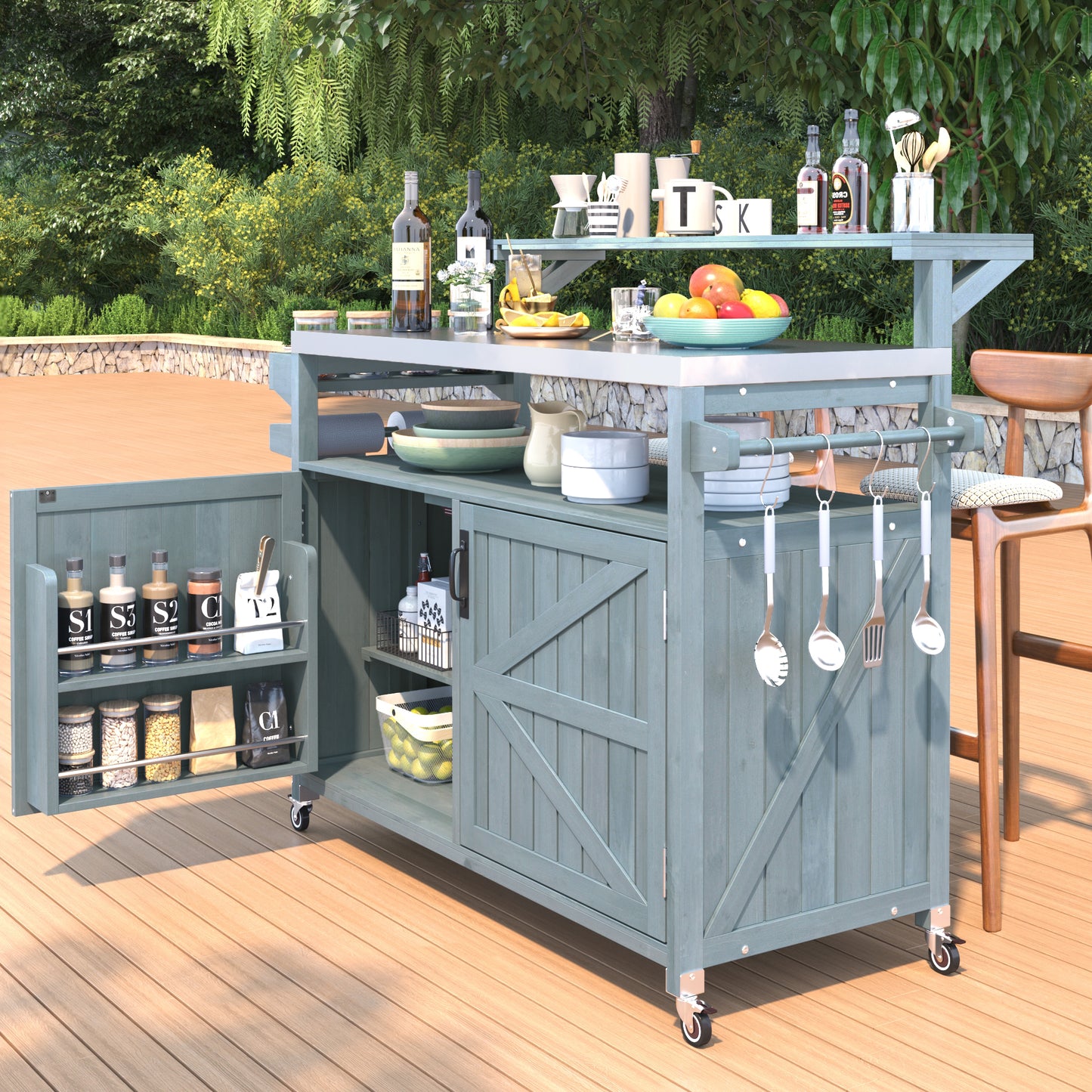 VIYET 43" K&K Outdoor Kitchen Island, Grey-Blue Solid Wood Grill Cart w/ Stainless Steel Top (Raised Shelf+Adjustable Storage Rack)