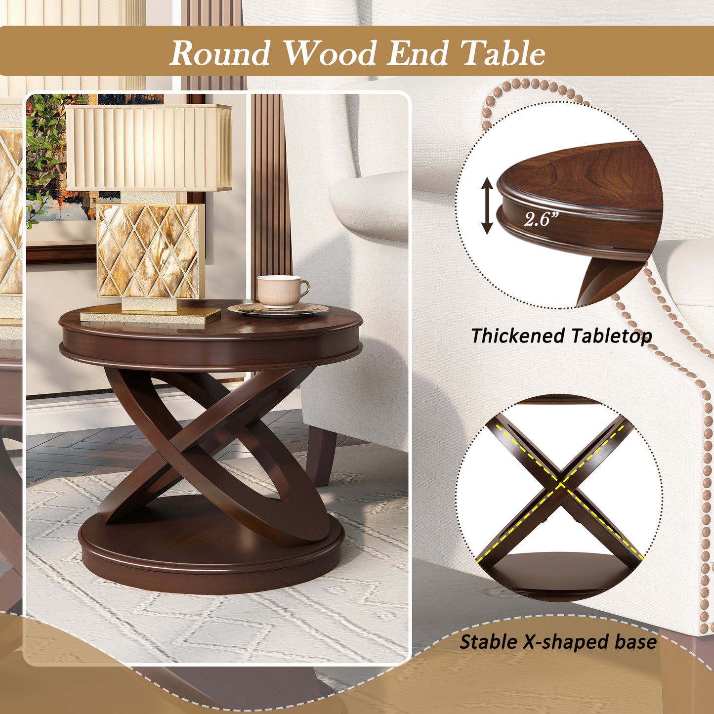 VIYET 20" Retro Round Wooden End Table - X-Shape Base, Solid Wood Veneer, Walnut