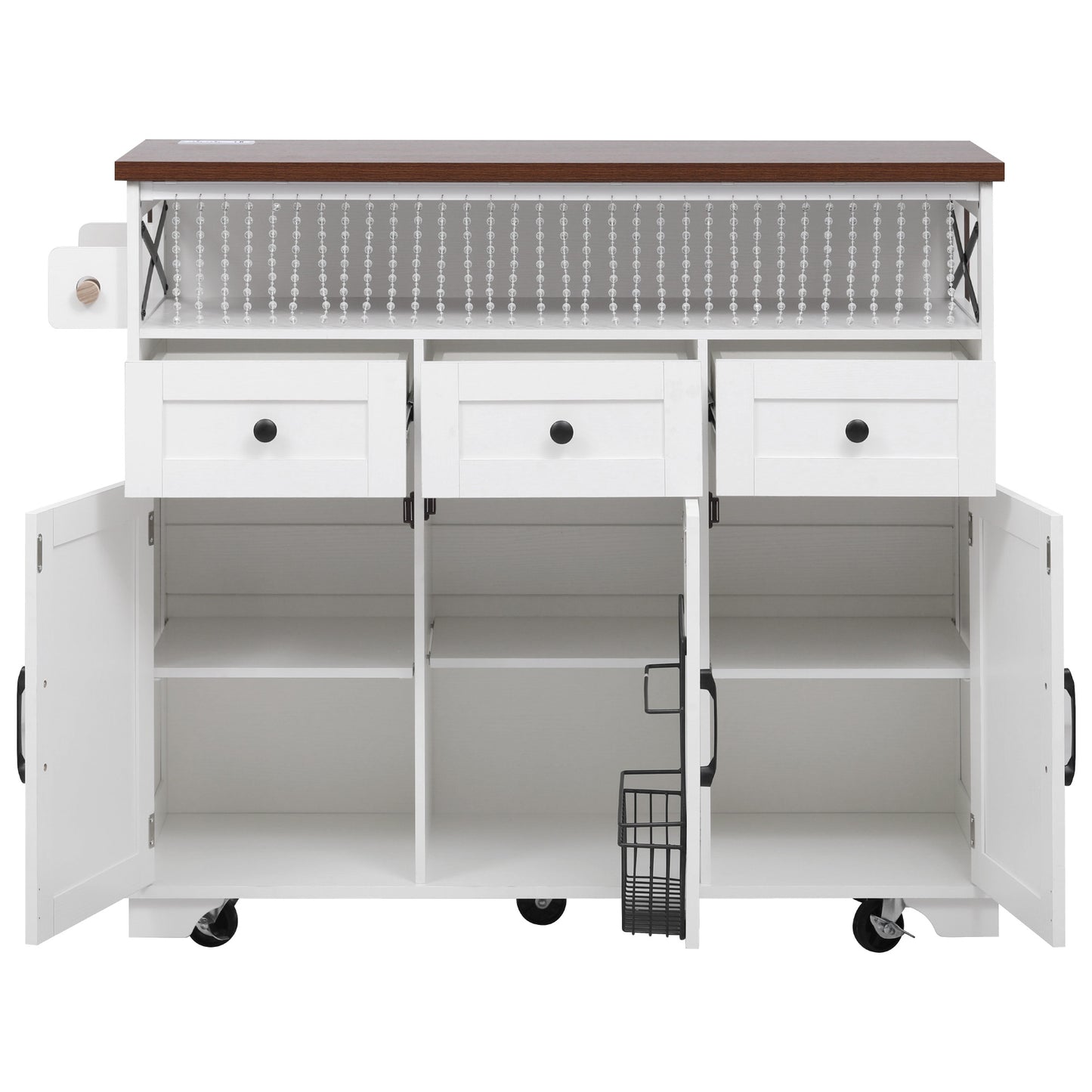 VIYET 39" K&K Farmhouse Rolling Kitchen Island, White MDF Cart w/ Bead Drape, Power Outlet & Drop Leaf (3 Doors+3 Drawers+Internal Iron Shelf)