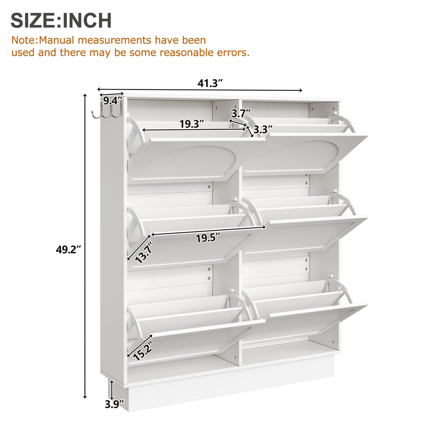 VIYET 49" Cream-Style Narrow Shoe Cabinet, White MDF Organizer w/ 6 Flip Drawers & 3 Silver Hooks (Adjustable Shelves)