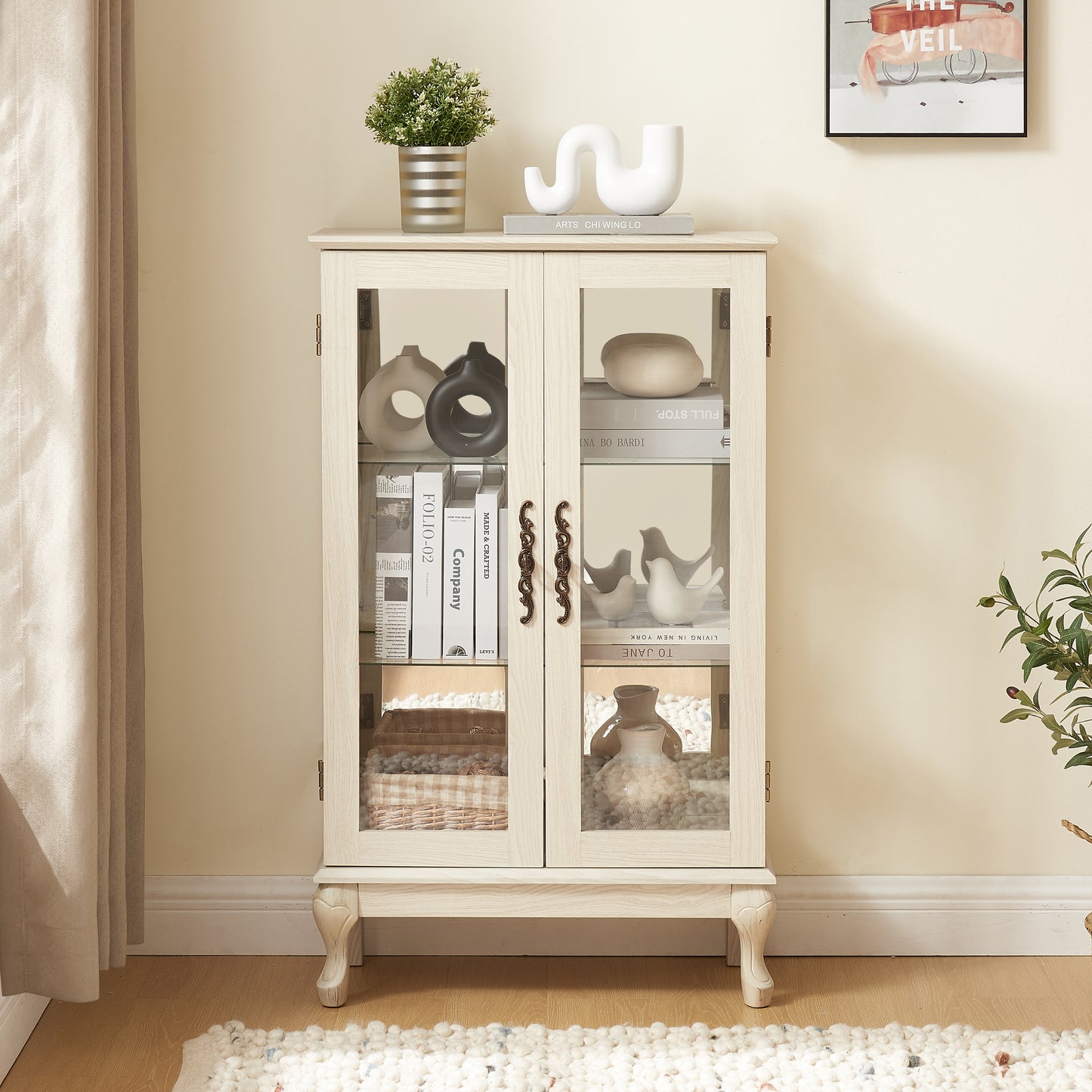 VIYET 44" Lighted Curio Cabinet, White MDF+Glass Display w/ Tempered Glass Doors & Adjustable Shelves (Mirrored Back, Bulb Included)