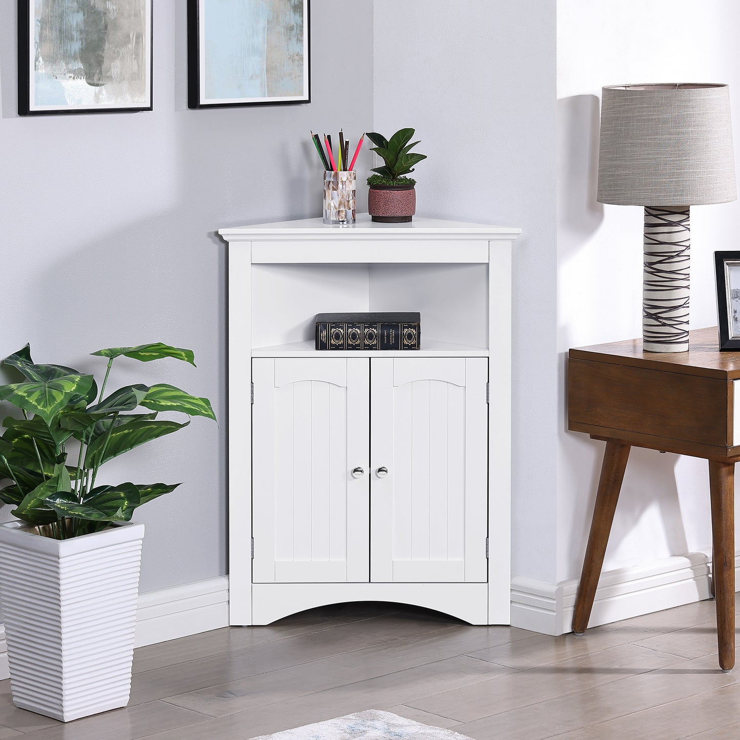 VIYET 32" Multifunctional Corner Cabinet - White MDF, Freestanding, Doors & Adjustable Shelves(Bathroom/Kitchen/Living Room Organizer)