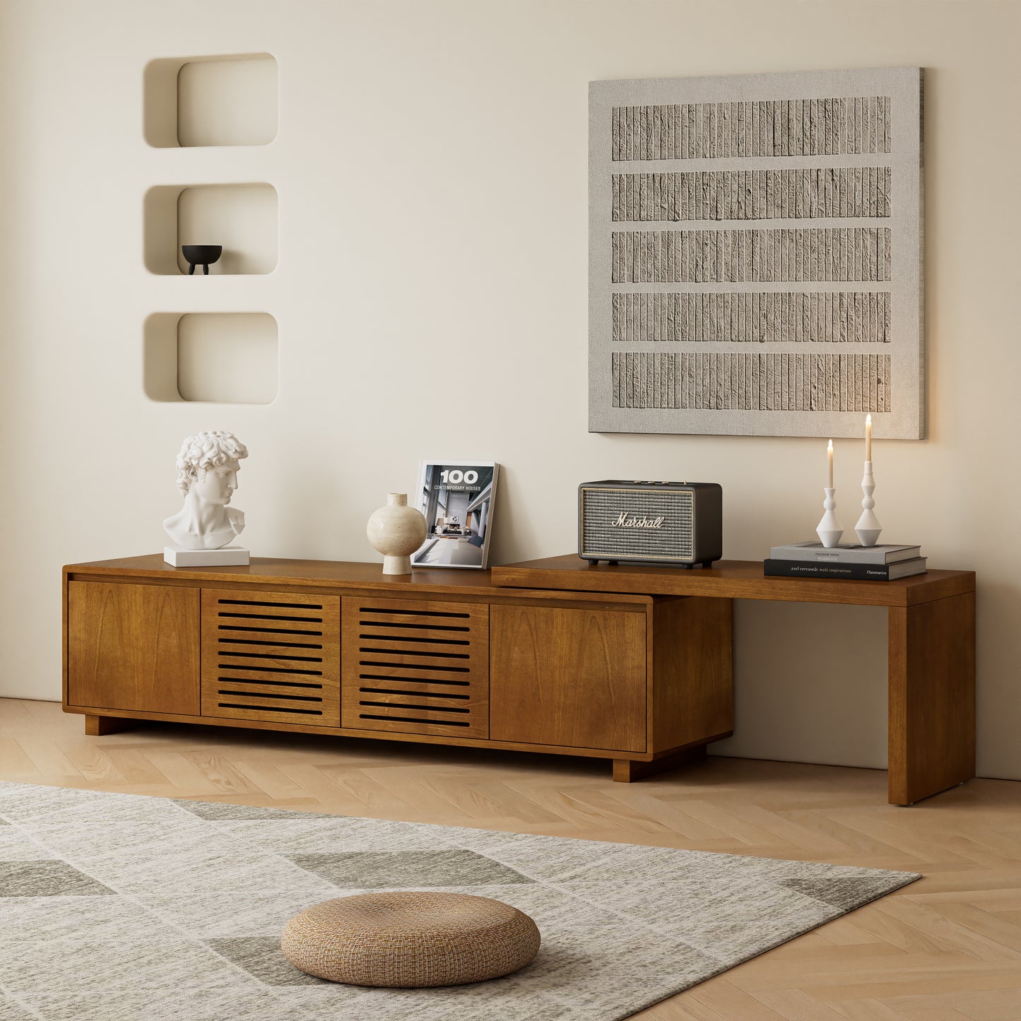 VIYET 63"Mid-Century Modern Extendable TV Stand for 55"-75" TVs, Farmhouse Media Console w/ Storage & Adjustable Panel, Brown Ebony
