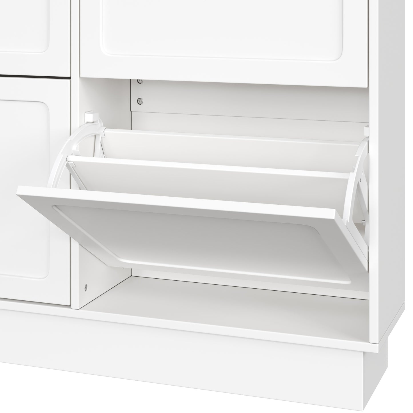 VIYET 49" Cream-Style Narrow Shoe Cabinet, White MDF Organizer w/ 6 Flip Drawers & 3 Silver Hooks (Adjustable Shelves)