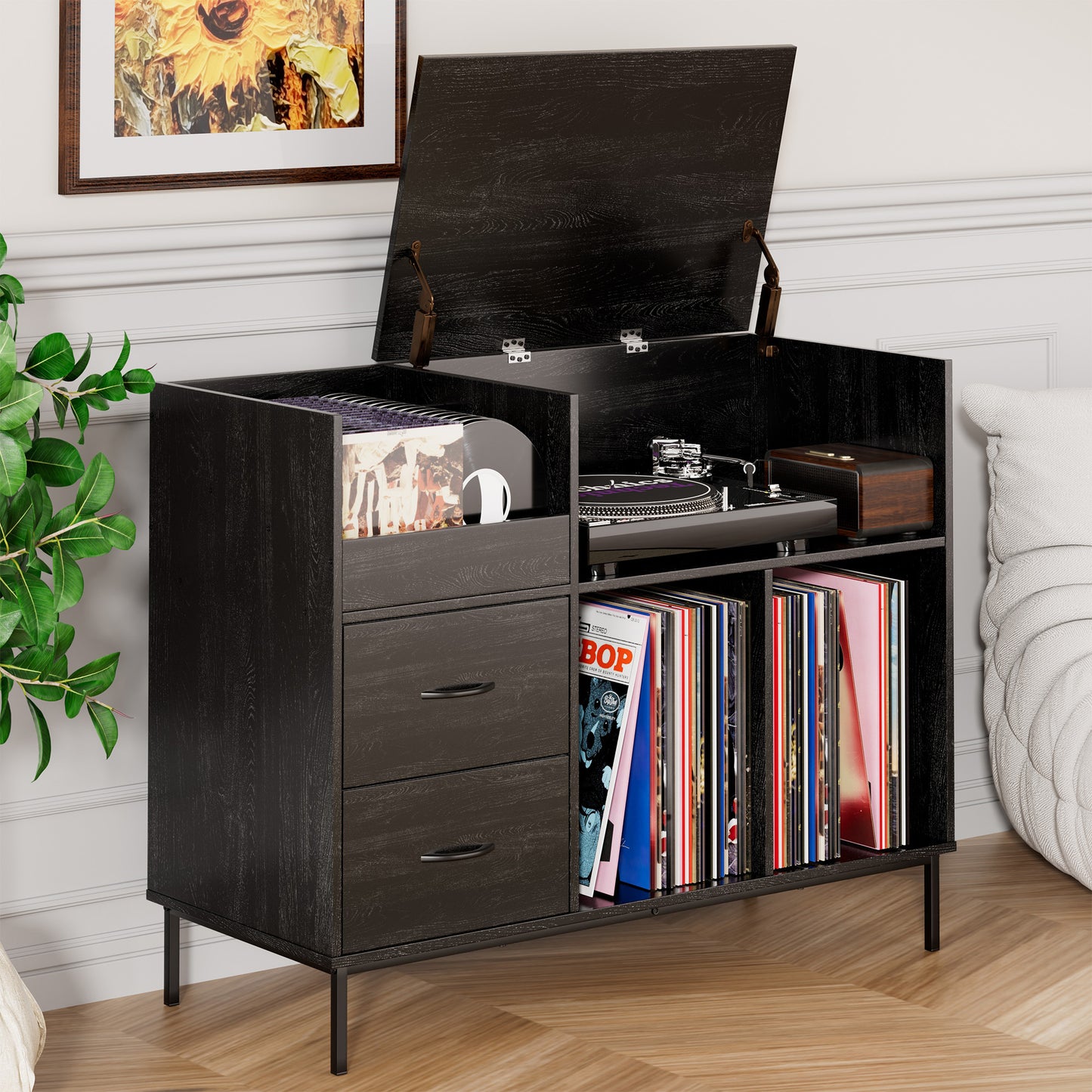 VIYET 35" Eco-Friendly Record Player Stand with Flip-Top, Black MDF+Metal Media Console w/ 2-Outlet Power Strip & Dustproof Storage