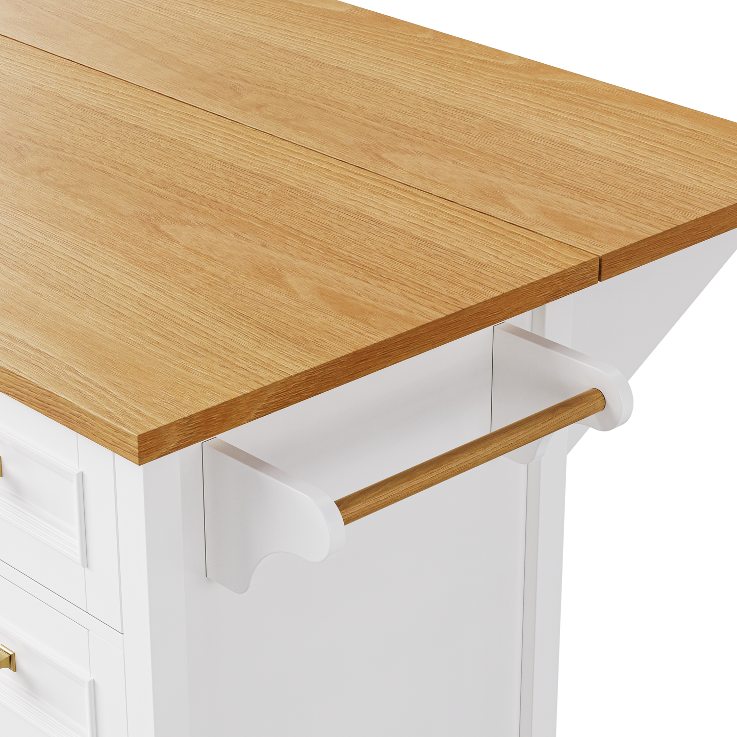 VIYET 36" K&K Kitchen Island with Drop Leaf, White MDF Storage Cart w/ Oak Veneer Top (2 Doors+5 Drawers+Adjustable Shelf)