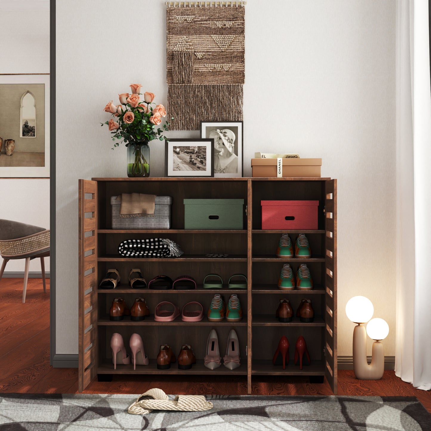 VIYET 38.7" 5-Tier Shoe Cabinet, Walnut Particle Board+MDF Organizer w/ Adjustable Shelves & Louvered Doors