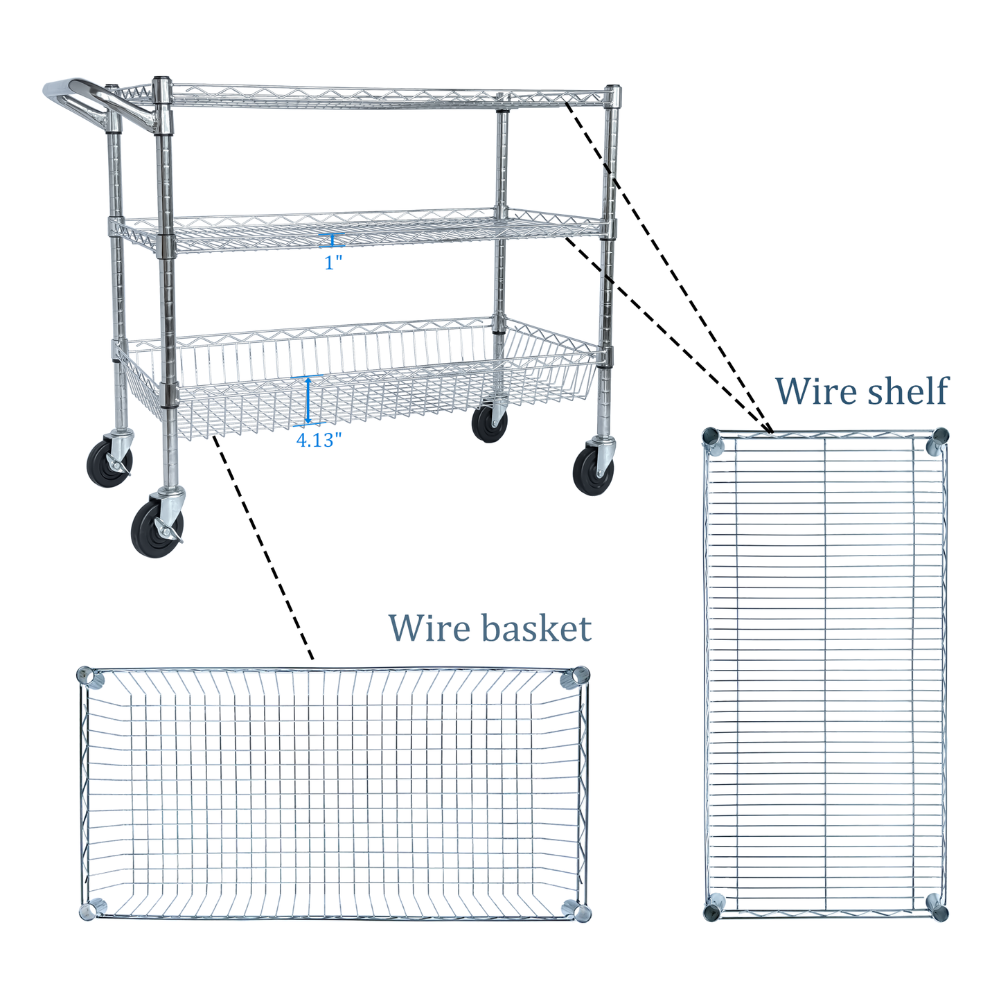 VIYET 32"H Heavy Duty 3 Tier Rolling Utility Cart, 600LBS Capacity Chrome Cart with Handle, Shelf Liners & Locking Wheels