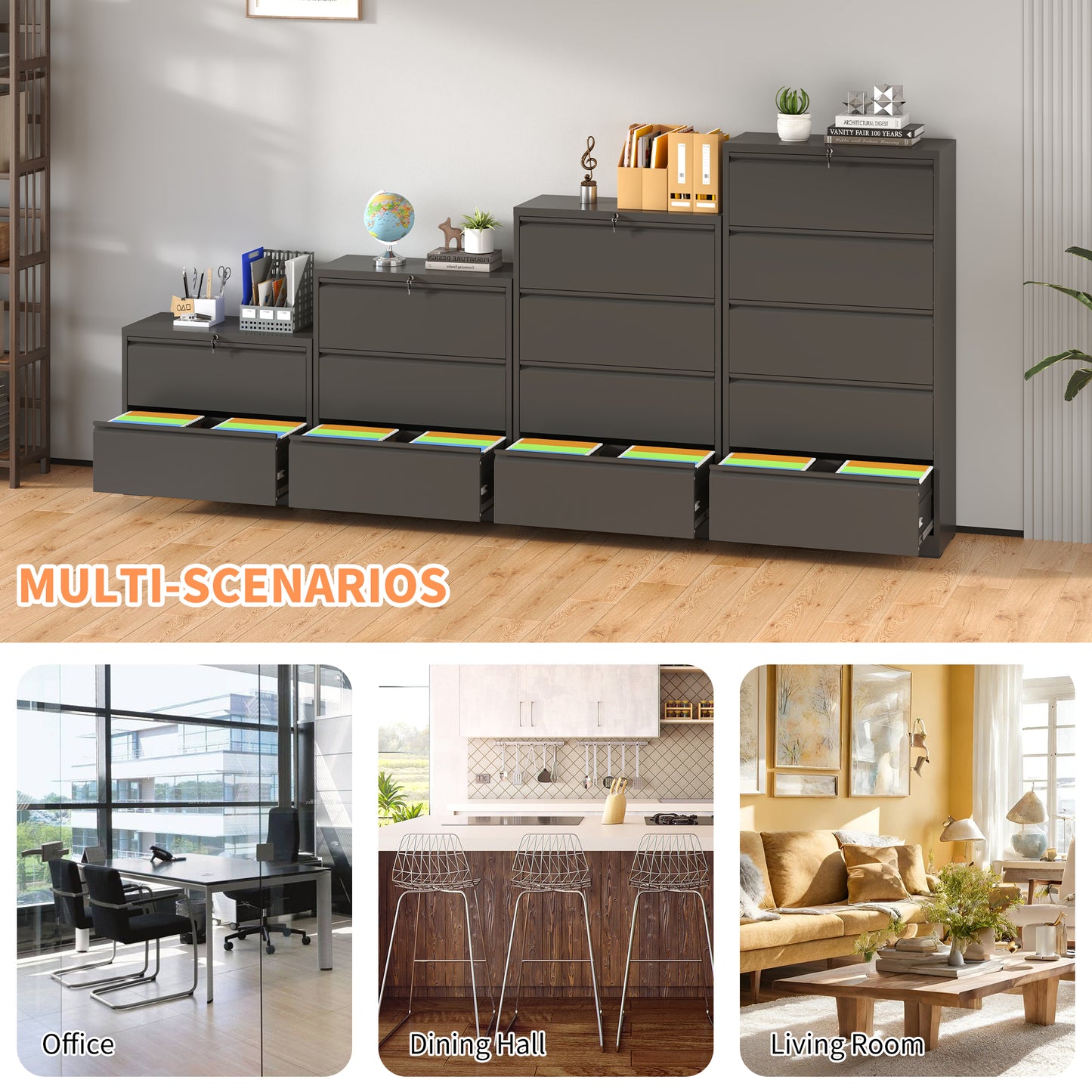 VIYET 4-Drawer Lateral File Cabinet with Lock - Tall Heavy-Duty Metal Filing Cabinet for Home Office, 110lbs/Drawer, Quiet Full-Extension Slides, Fits Letter/Legal/A4/F4