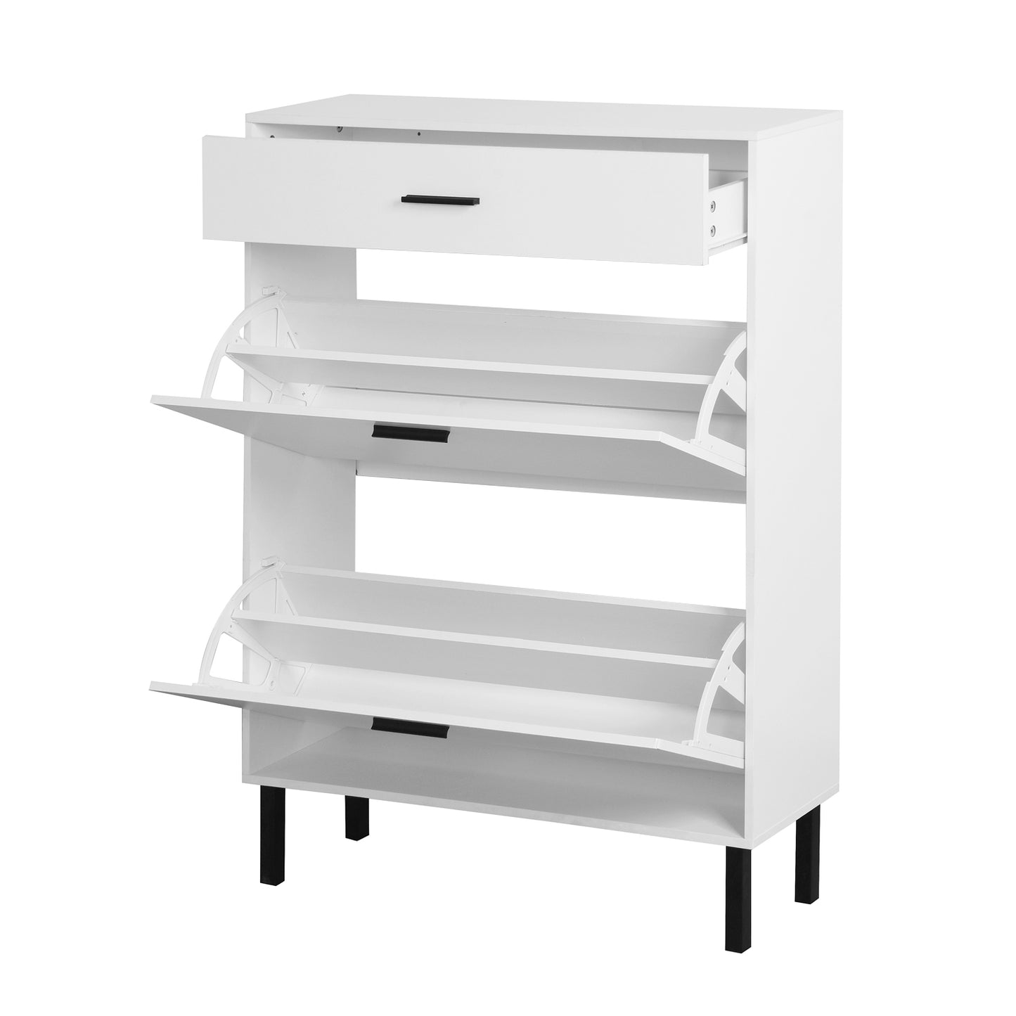 VIYET 43" Freestanding Shoe Cabinet, White Particle Board Organizer w/ 2 Flip Drawers & Metal Legs (Space-Saving Entryway Storage)