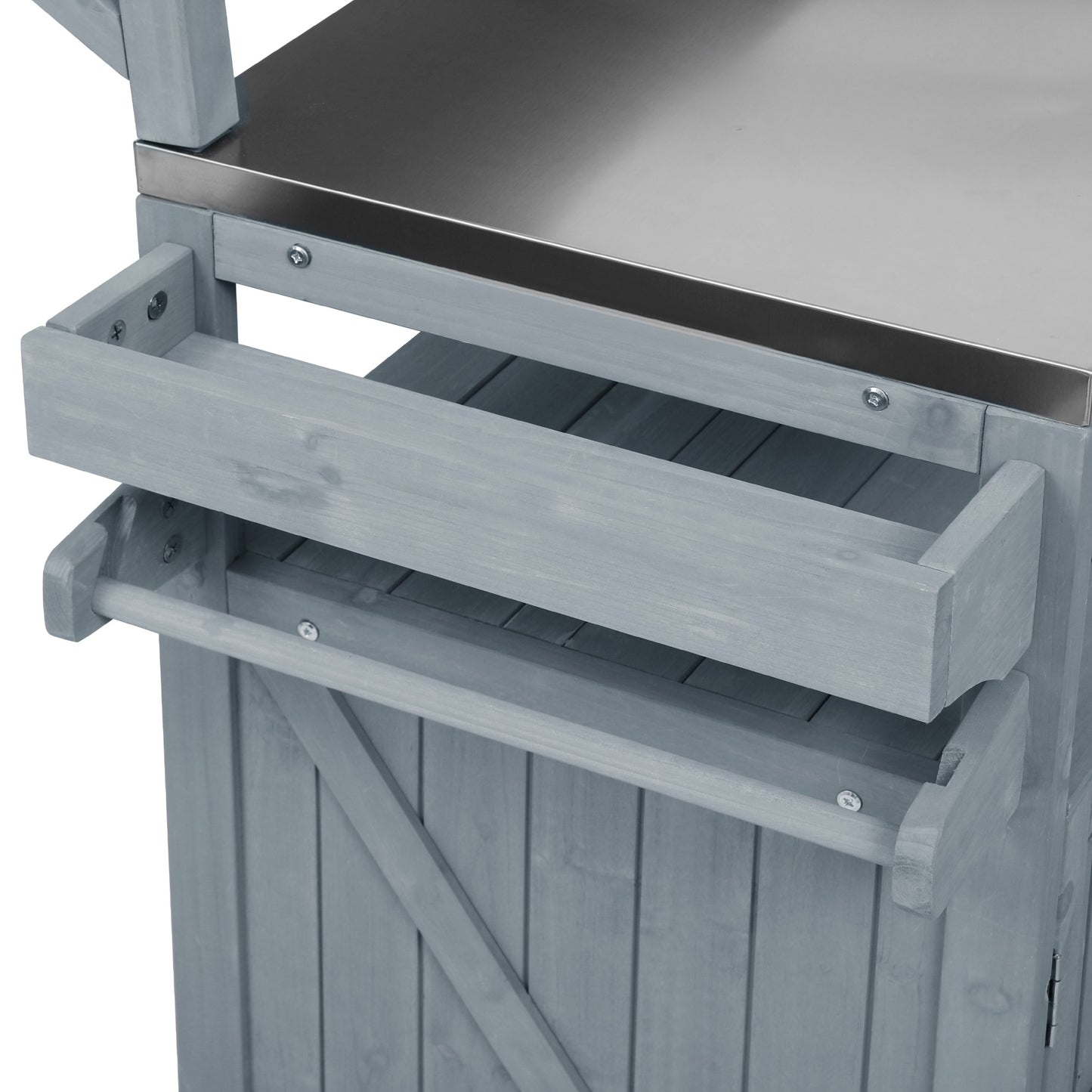 VIYET 43" K&K Outdoor Kitchen Island, Grey-Blue Solid Wood Grill Cart w/ Stainless Steel Top (Raised Shelf+Adjustable Storage Rack)