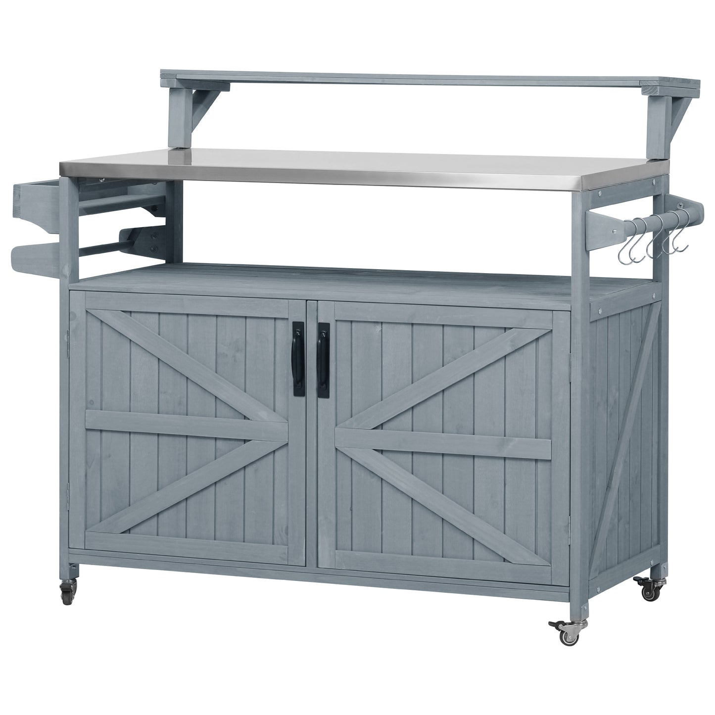 VIYET 43" K&K Outdoor Kitchen Island, Grey-Blue Solid Wood Grill Cart w/ Stainless Steel Top (Raised Shelf+Adjustable Storage Rack)