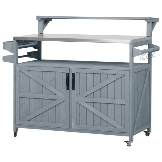 VIYET 43" K&K Outdoor Kitchen Island, Grey-Blue Solid Wood Grill Cart w/ Stainless Steel Top (Raised Shelf+Adjustable Storage Rack)