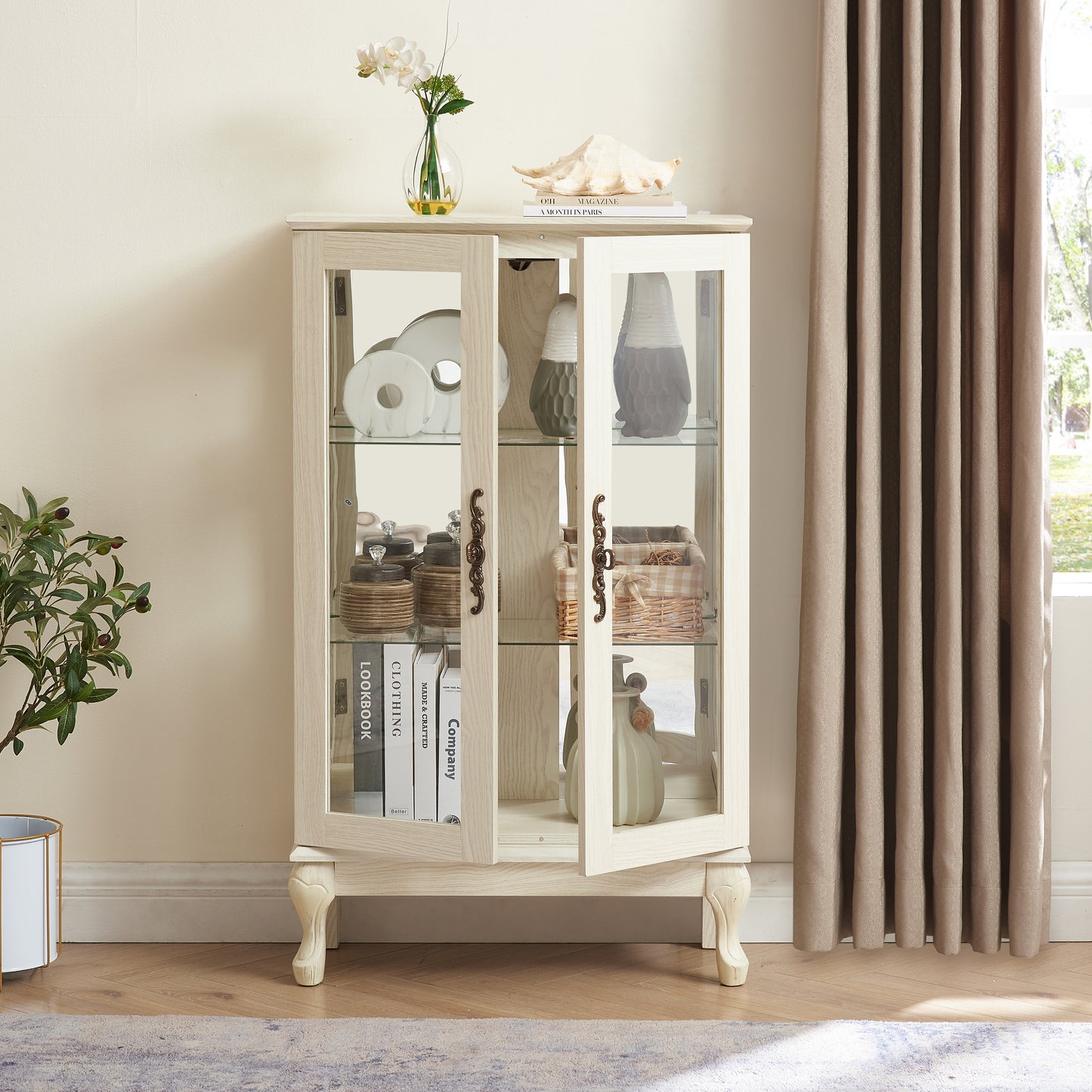 VIYET 44" Lighted Curio Cabinet, White MDF+Glass Display w/ Tempered Glass Doors & Adjustable Shelves (Mirrored Back, Bulb Included)