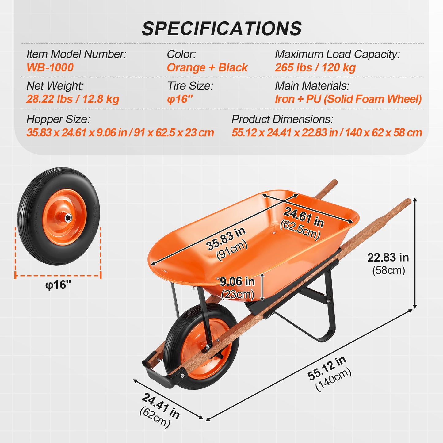 VIYET Wheelbarrow Cart 5 Cu. Ft. 265 Lbs Capacity, Heavy-Duty Garden Dump Cart with Metal Handle & 16" Wide Track Solid Foam Wheel, Utility Yard Cart for Lawn Farm Garden