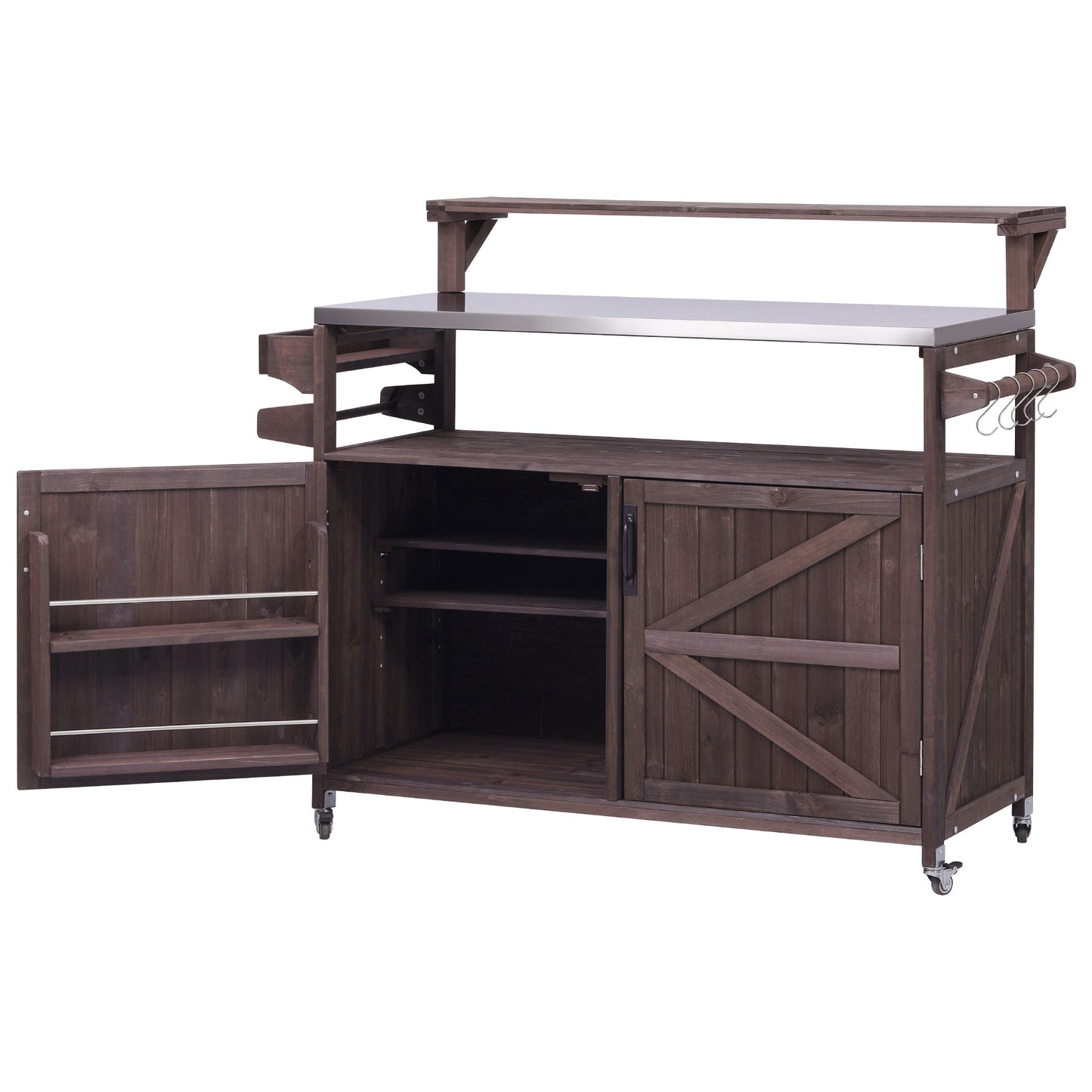 VIYET 43" K&K Outdoor Kitchen Island, Brown Solid Wood Grill Cart w/ Stainless Steel Top (Raised Shelf+Adjustable Storage Rack)