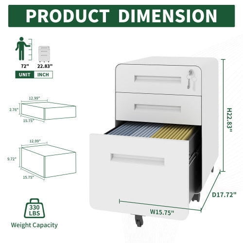 VIYET 23"H Mobile File Cabinet with Lock - All-Steel Fully Assembled, Anti-Tip Design & Locking Casters, Fits A4/Letter, for Home/Office (Black+White)