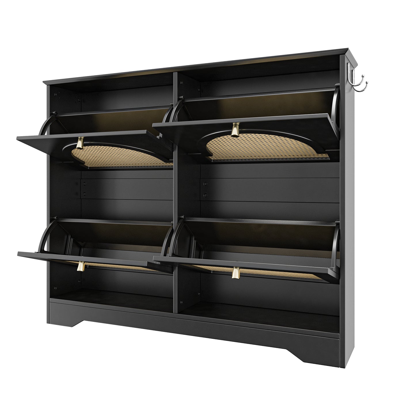 VIYET 35" Mid-Century Narrow Shoe Cabinet, MDF Organizer w/ 4 Rattan Flip Drawers &2 Silver Hooks,Black+white