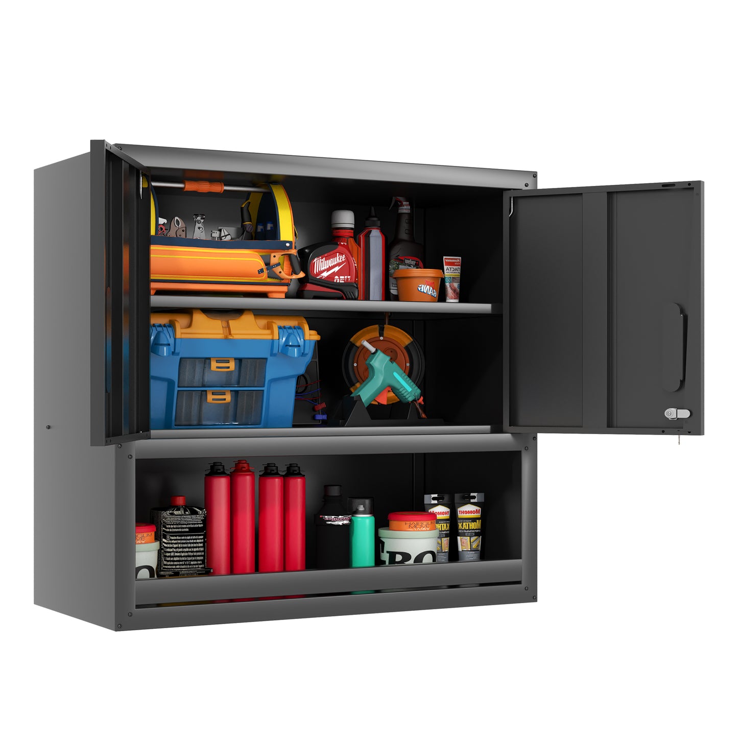 VIYET 30"H Wall-Mounted Steel Cabinet - Locking Doors + Open Drawer + Adjustable Shelf, Cold-Rolled Steel with Rust-Resistant Coating, Black for Garage/Office/Warehouse/Home/School