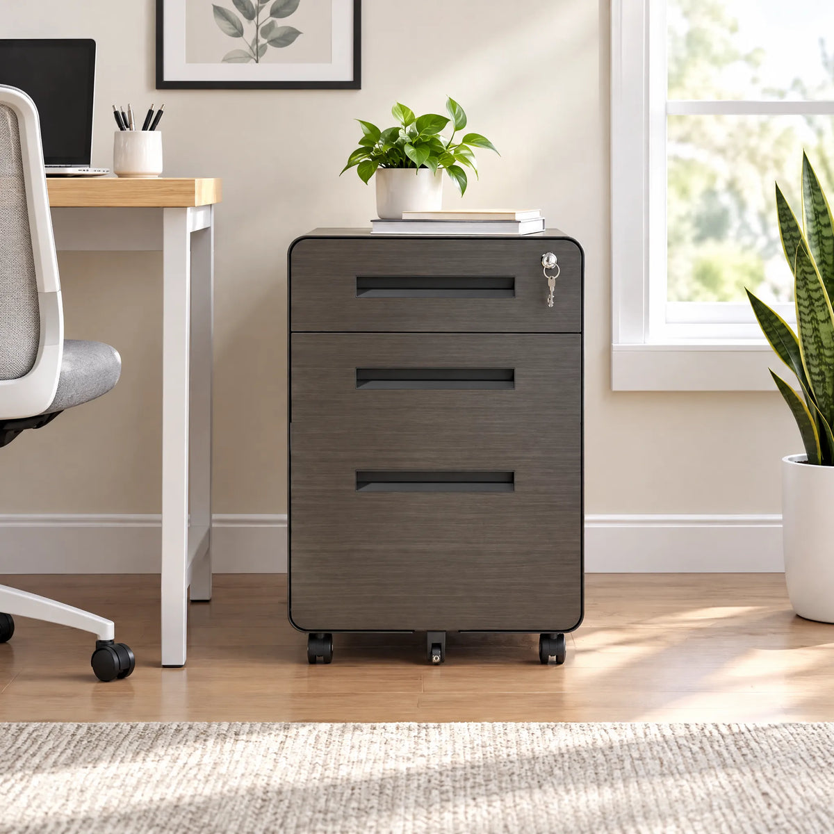 VIYET 3 Drawer Mobile File Cabinet with Lock, Fully Assembled Rolling Steel Filing Cabinet with Locking Casters, Anti-Tip Under Desk Office Storage