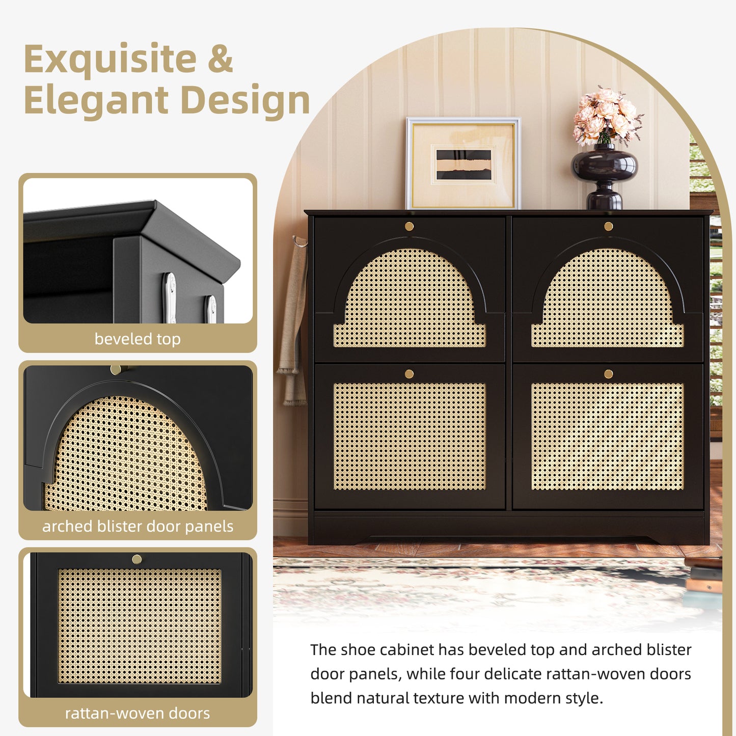 VIYET 35" Mid-Century Narrow Shoe Cabinet, MDF Organizer w/ 4 Rattan Flip Drawers &2 Silver Hooks,Black+white