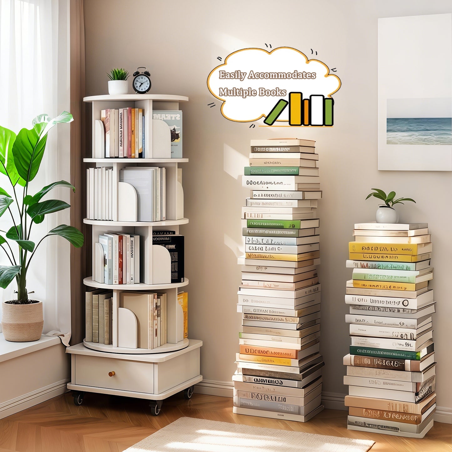 VIYET 56" 5-Tier 360° Rotating Bookshelf, Oak MDF Tower w/ Wheels&Drawer (Space-Saving Storage for Home/Office),white