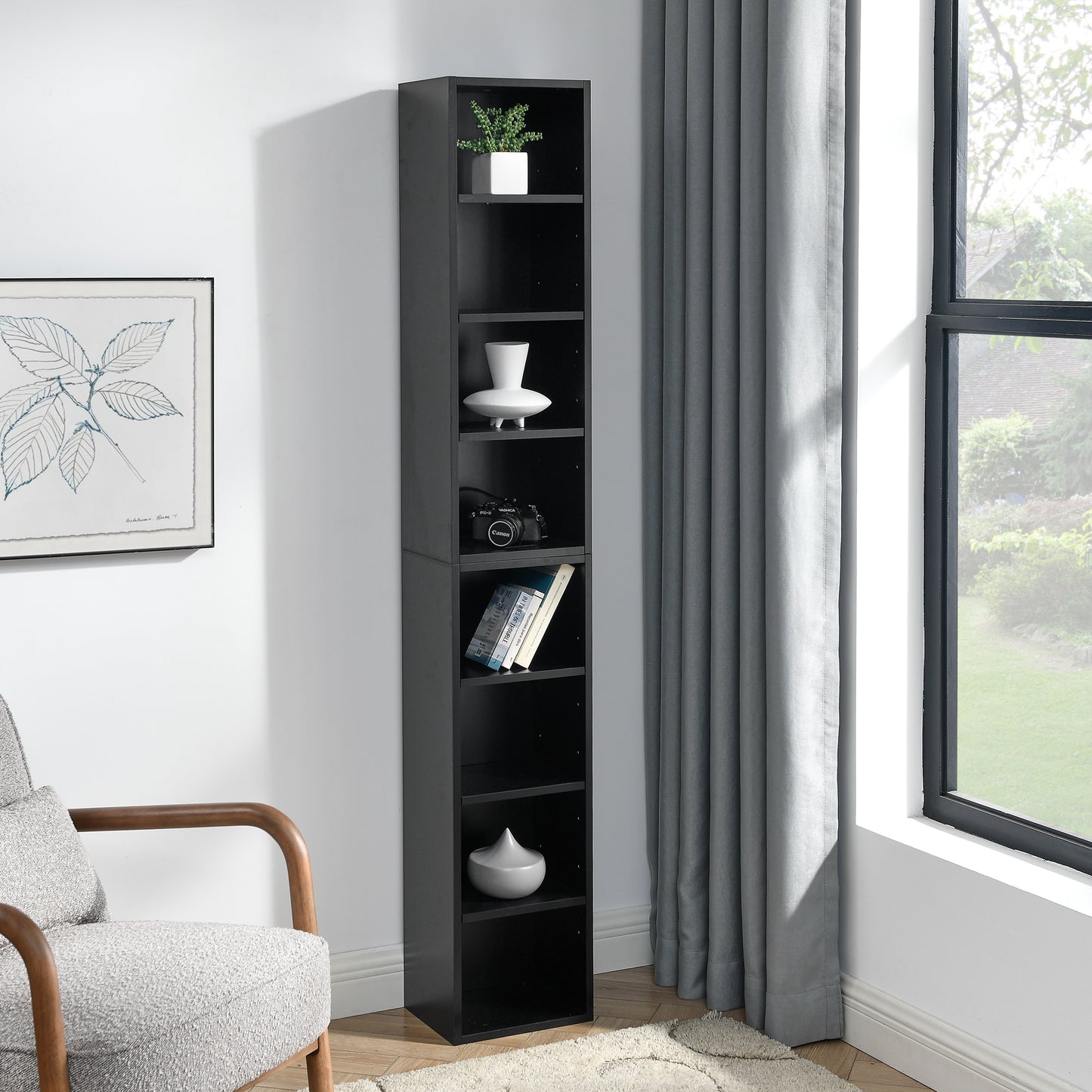 VIYET 11.6"×9.3"×70.9" 8-Tier Media Tower Rack - Black MDF, Adjustable Shelves