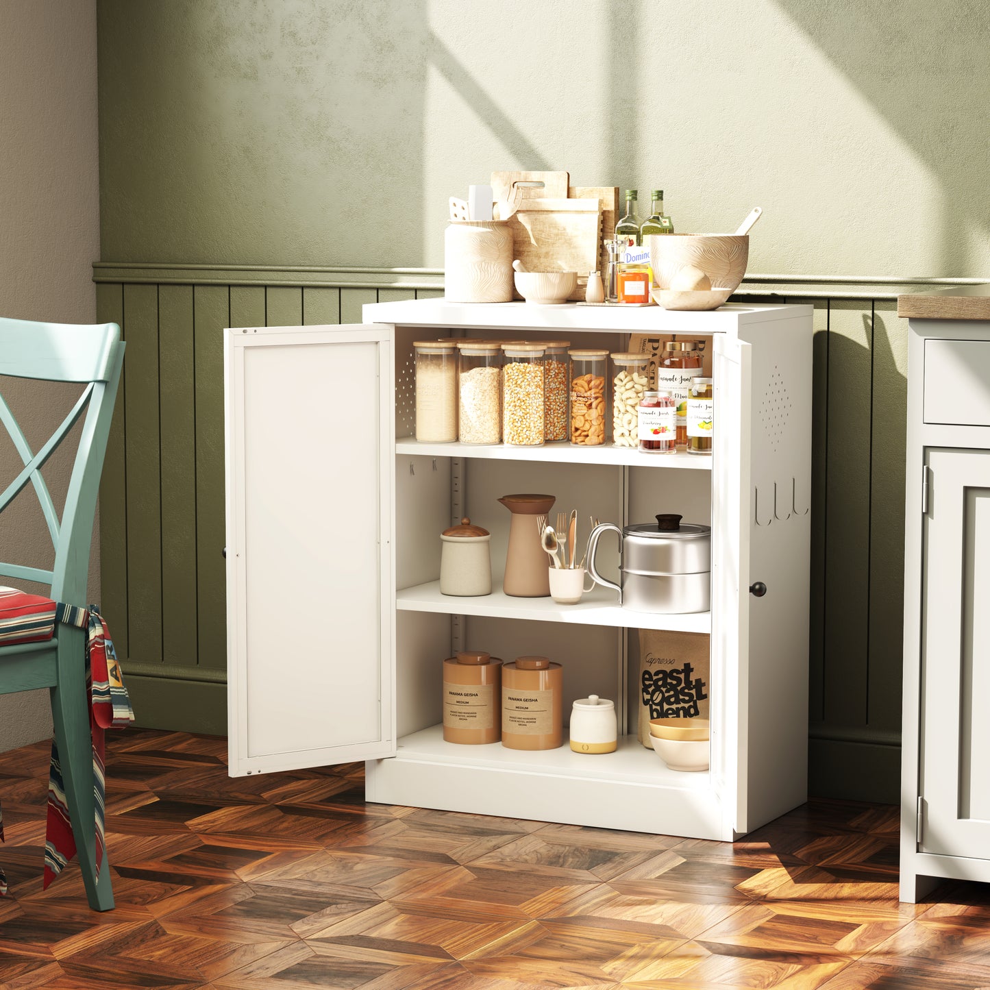 VIYET 35"H White Metal Pantry Cabinet,2 Adjustable Shelves+Side Hooks/Vents,Anti-Tip Freestanding for Kitchen/Dining/Apartment