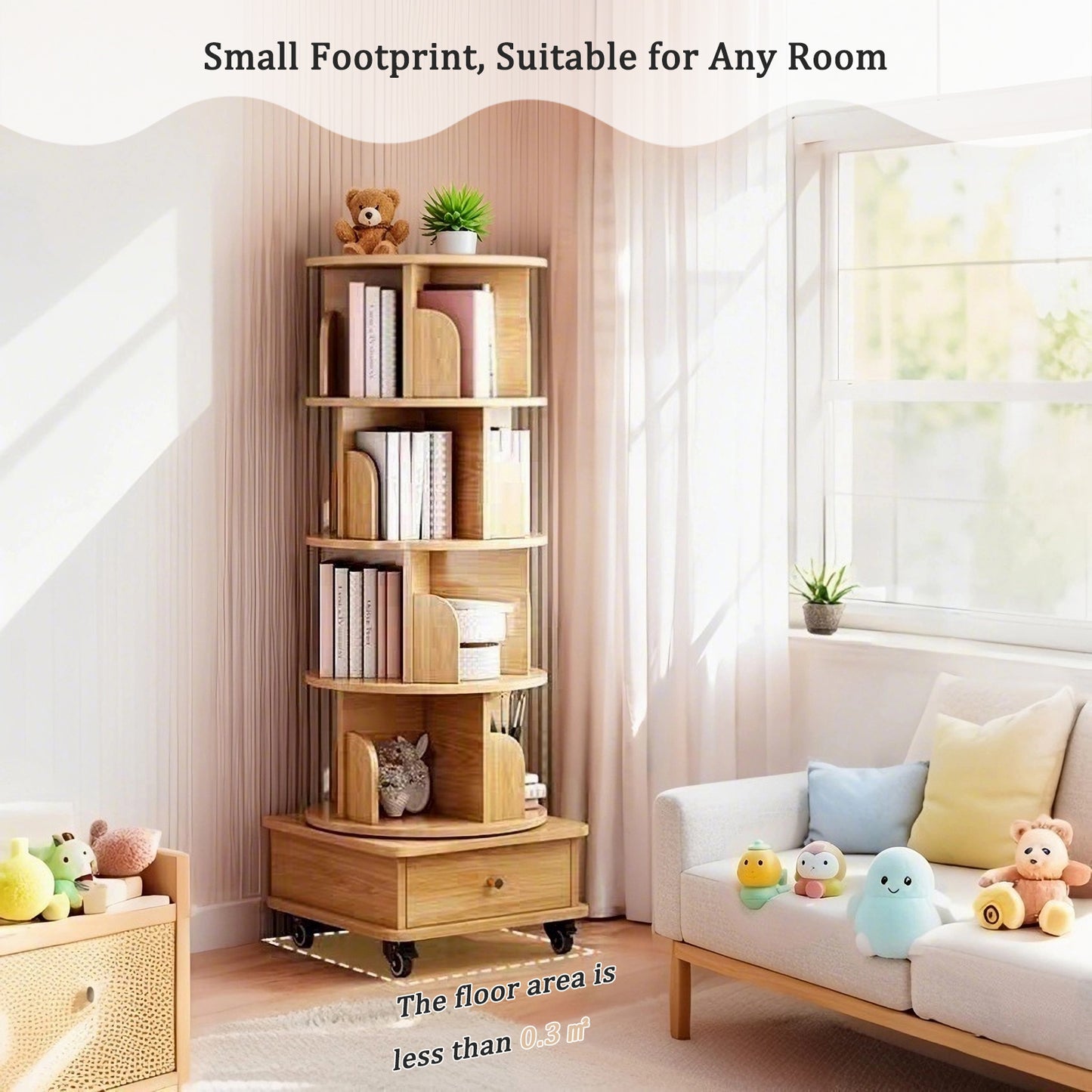 VIYET 56" 5-Tier 360° Rotating Bookshelf, Oak MDF Tower w/ Wheels & Drawer (Space-Saving Storage for Home/Office)