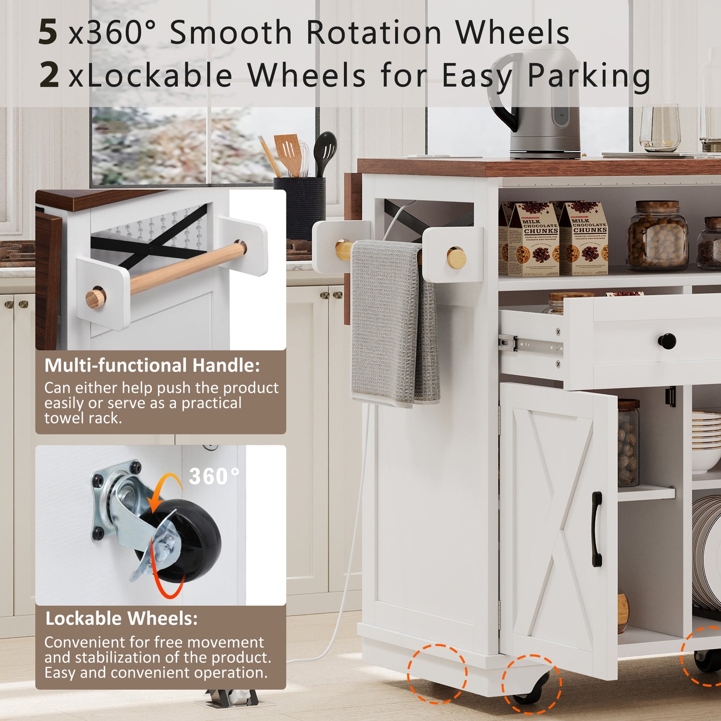 VIYET 39" K&K Farmhouse Rolling Kitchen Island, White MDF Cart w/ Bead Drape, Power Outlet & Drop Leaf (3 Doors+3 Drawers+Internal Iron Shelf)