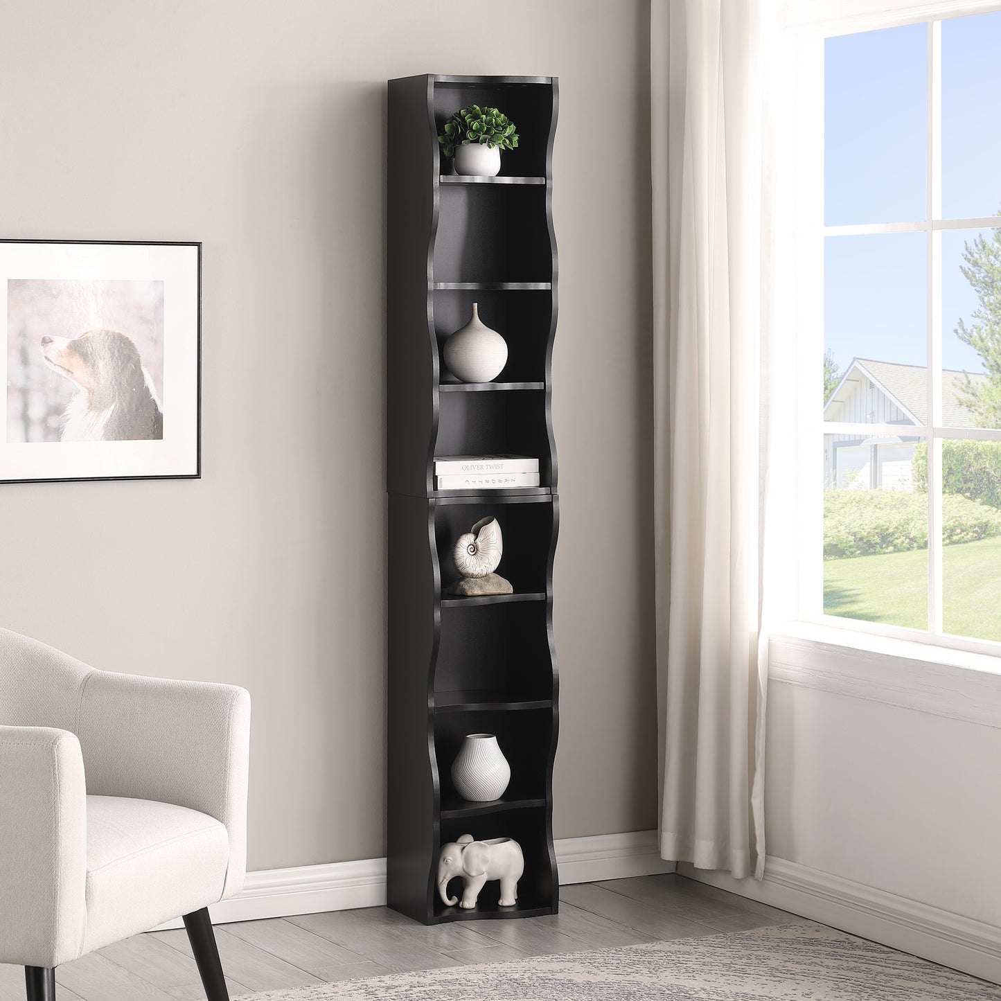 VIYET 71" 8-Tier Ultra-Thin Adjustable Bookshelf, Black MDF Display Rack w/ Wavy Border (Detachable Home Office Organizer)