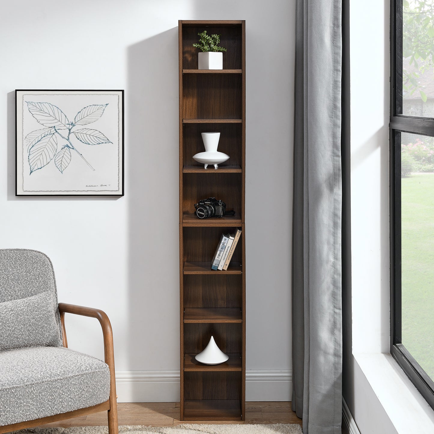 VIYET 11.6"×9.3"×70.9" 8-Tier Media Tower Rack - Walnut MDF, Adjustable Shelves