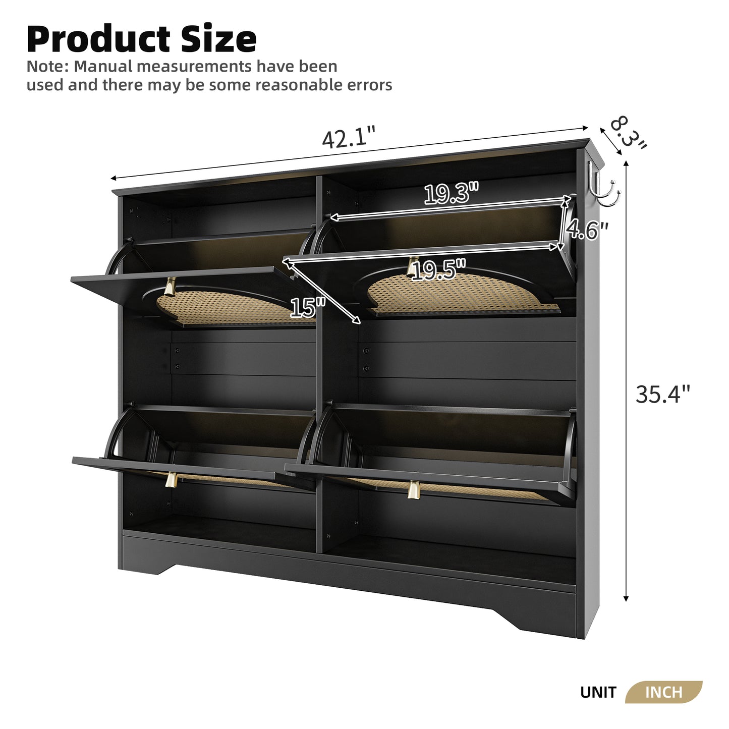 VIYET 35" Mid-Century Narrow Shoe Cabinet, MDF Organizer w/ 4 Rattan Flip Drawers &2 Silver Hooks,Black+white