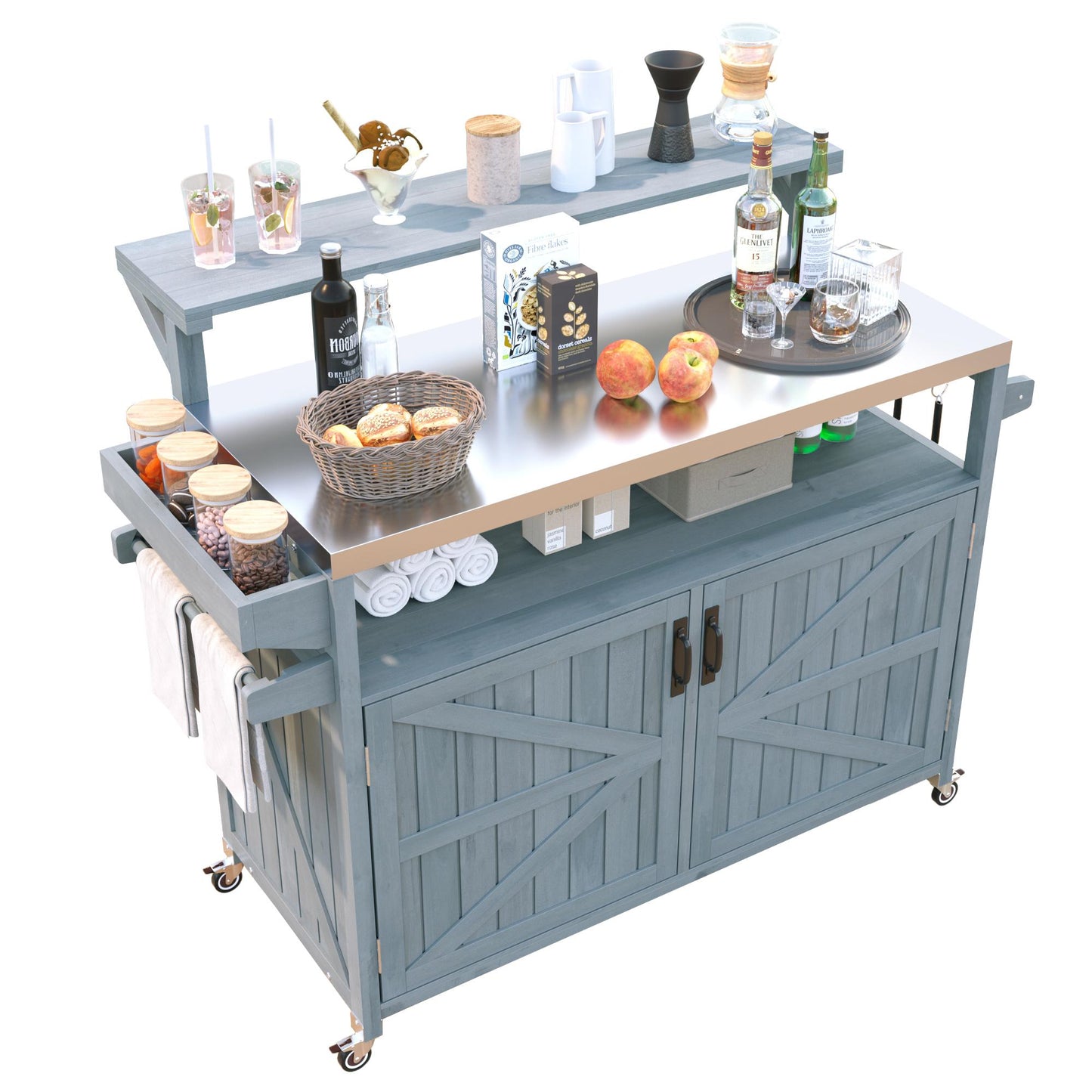 VIYET 43" K&K Outdoor Kitchen Island, Grey-Blue Solid Wood Grill Cart w/ Stainless Steel Top (Raised Shelf+Adjustable Storage Rack)