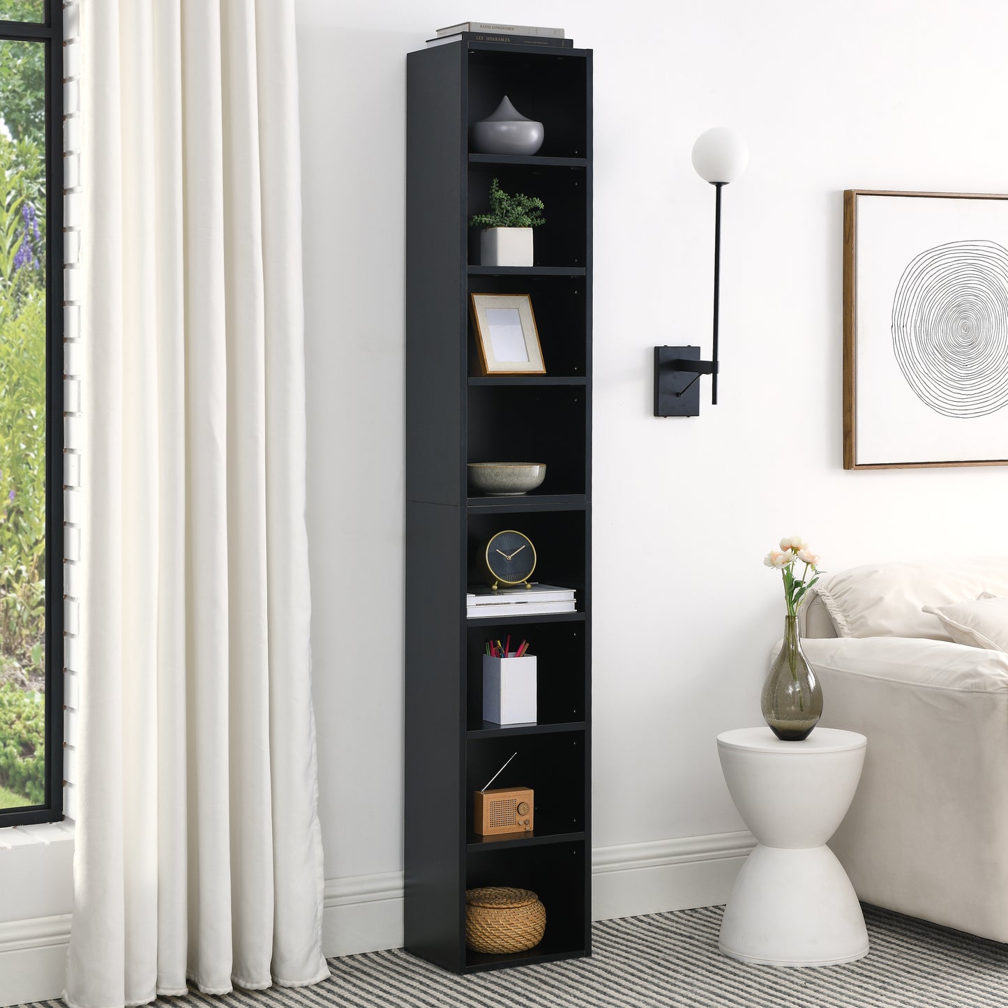 VIYET 11.6"×9.3"×70.9" 8-Tier Media Tower Rack - Black MDF, Adjustable Shelves