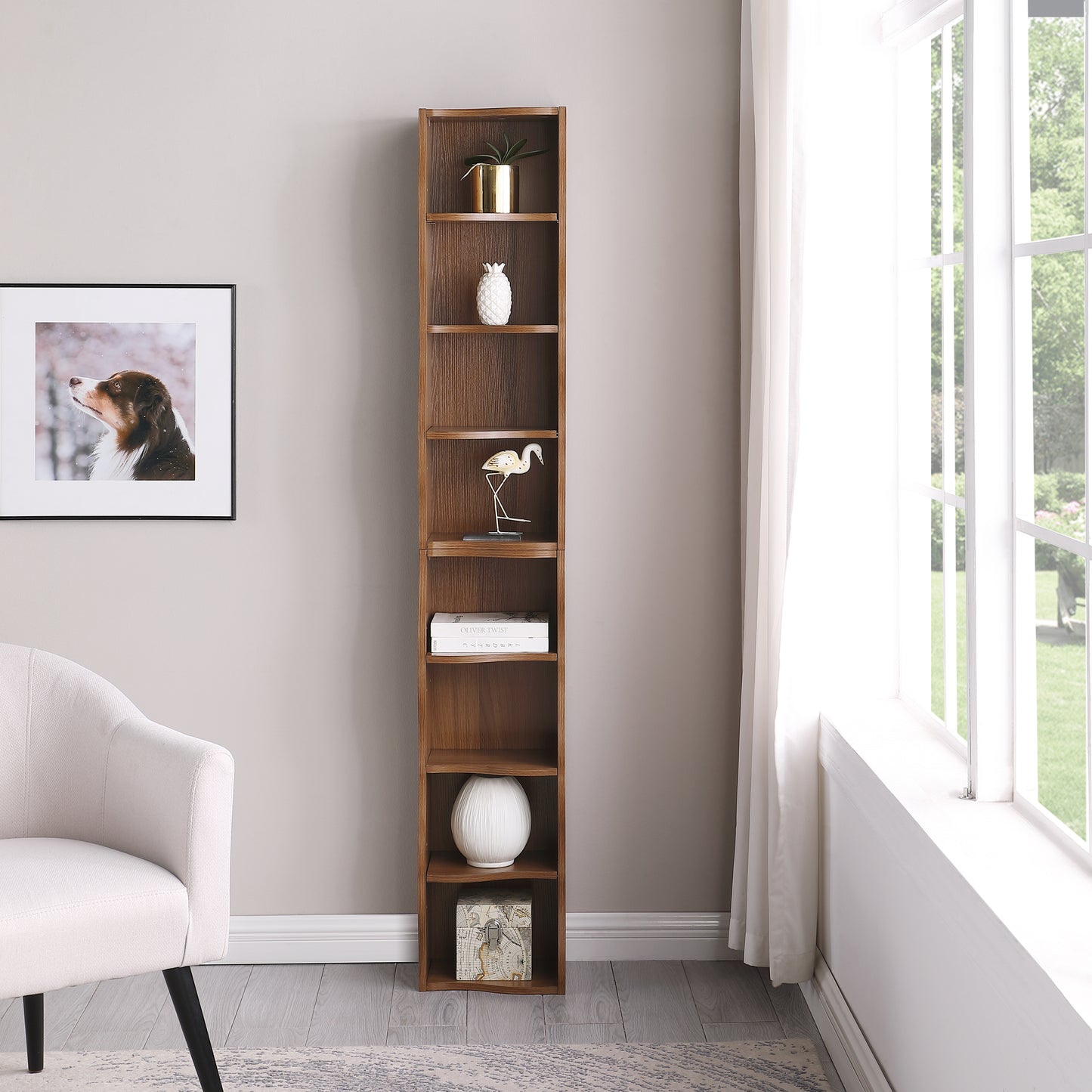 VIYET 71"8-Tier Ultra-Thin Adjustable Bookshelf, Walnut MDF Display Rack w/ Wavy Border (Detachable Home Office Organizer)