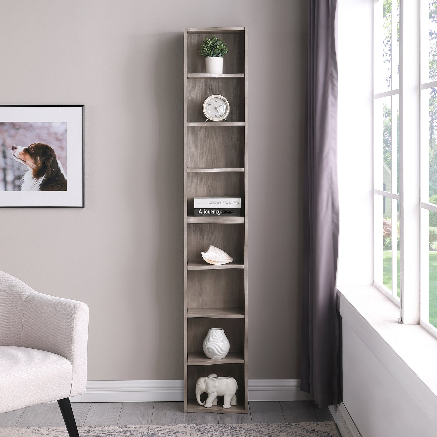 VIYET 71" 8-Tier Ultra-Thin Adjustable Bookshelf, Gray MDF Display Rack w/ Wavy Border (Detachable Home Office Organizer)