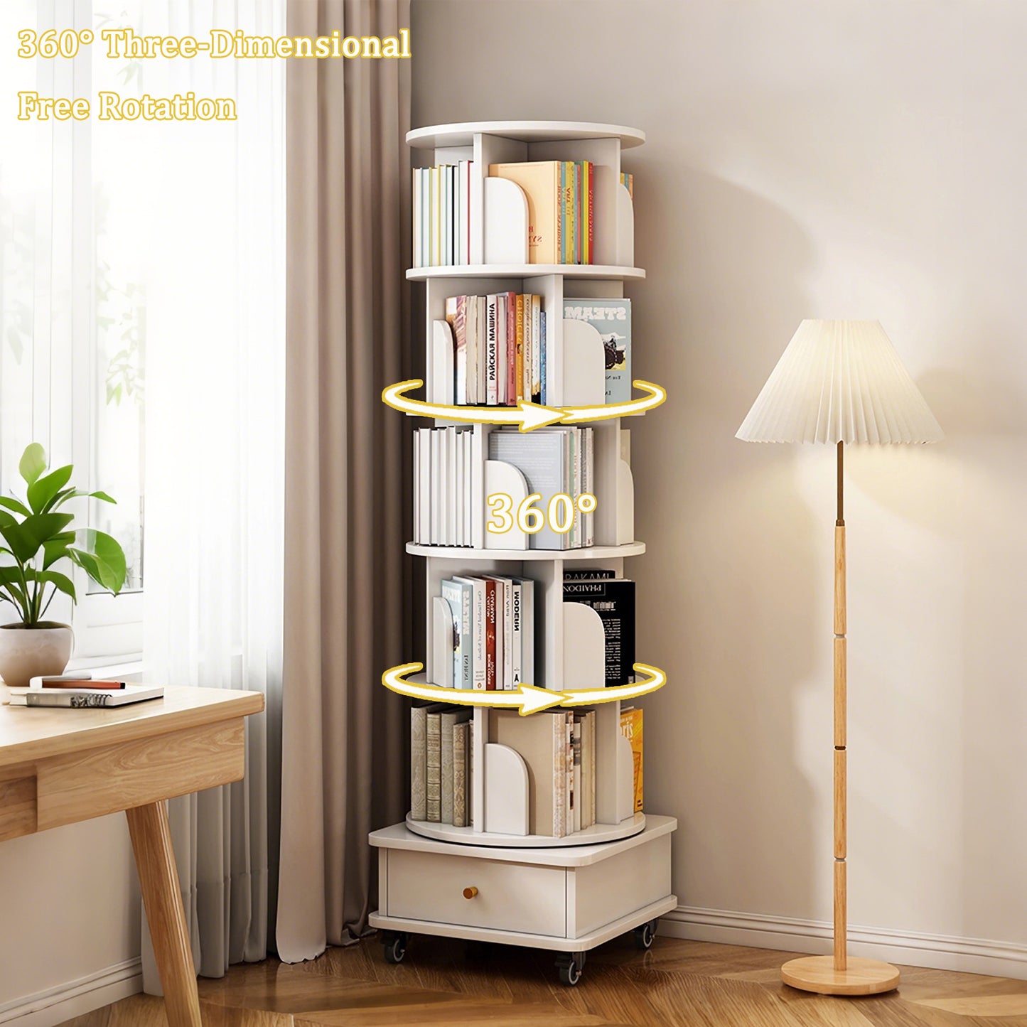 VIYET 68" 6-Tier 360° Rotating Bookshelf, WhiteColor MDF Tower w/ Wheels& Drawer (Space-Saving Storage for Home/Office)