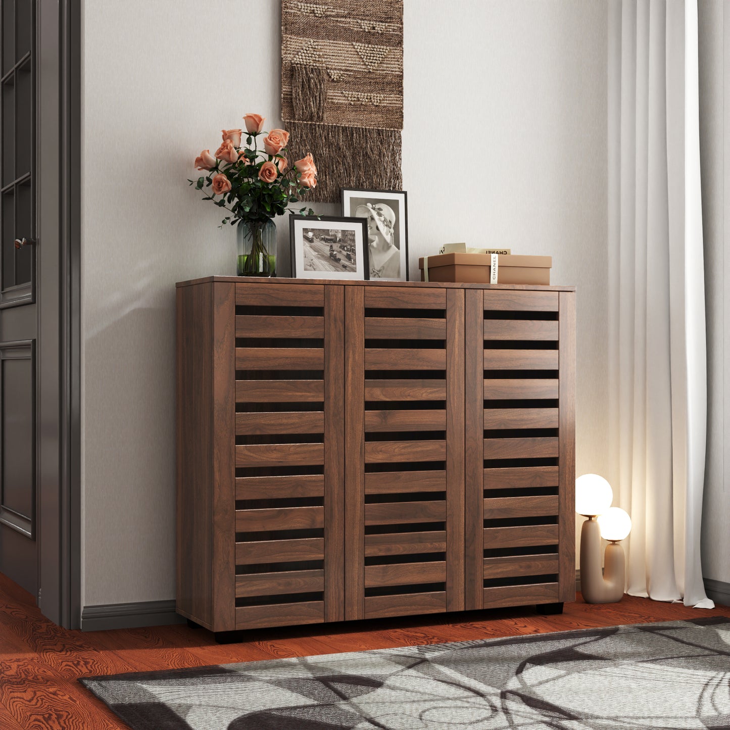VIYET 38.7" 5-Tier Shoe Cabinet, Walnut Particle Board+MDF Organizer w/ Adjustable Shelves & Louvered Doors